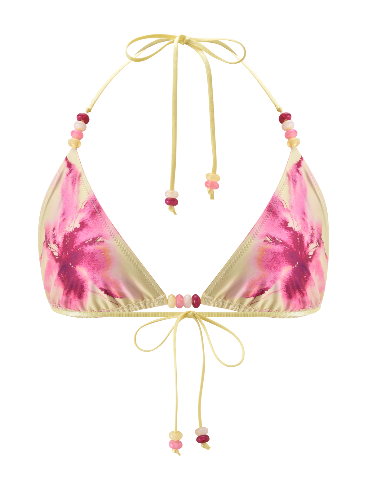 The FINLEA BIKINI TOP - WATERCOLOUR FLORAL by TIGERMIST is a yellow triangle bikini top with watercolour floral prints and pink, red, and yellow beaded adjustable halter neck and front tie straps.