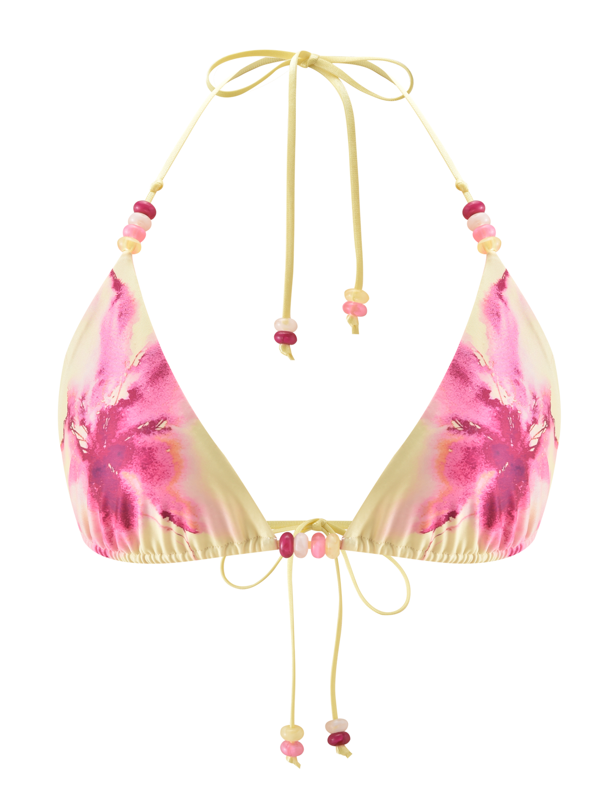 The FINLEA BIKINI TOP by TIGERMIST features a yellow and pink tie-dye design with an adjustable halter neck, front ties, and pink and red beaded straps, evoking a watercolour floral look.
