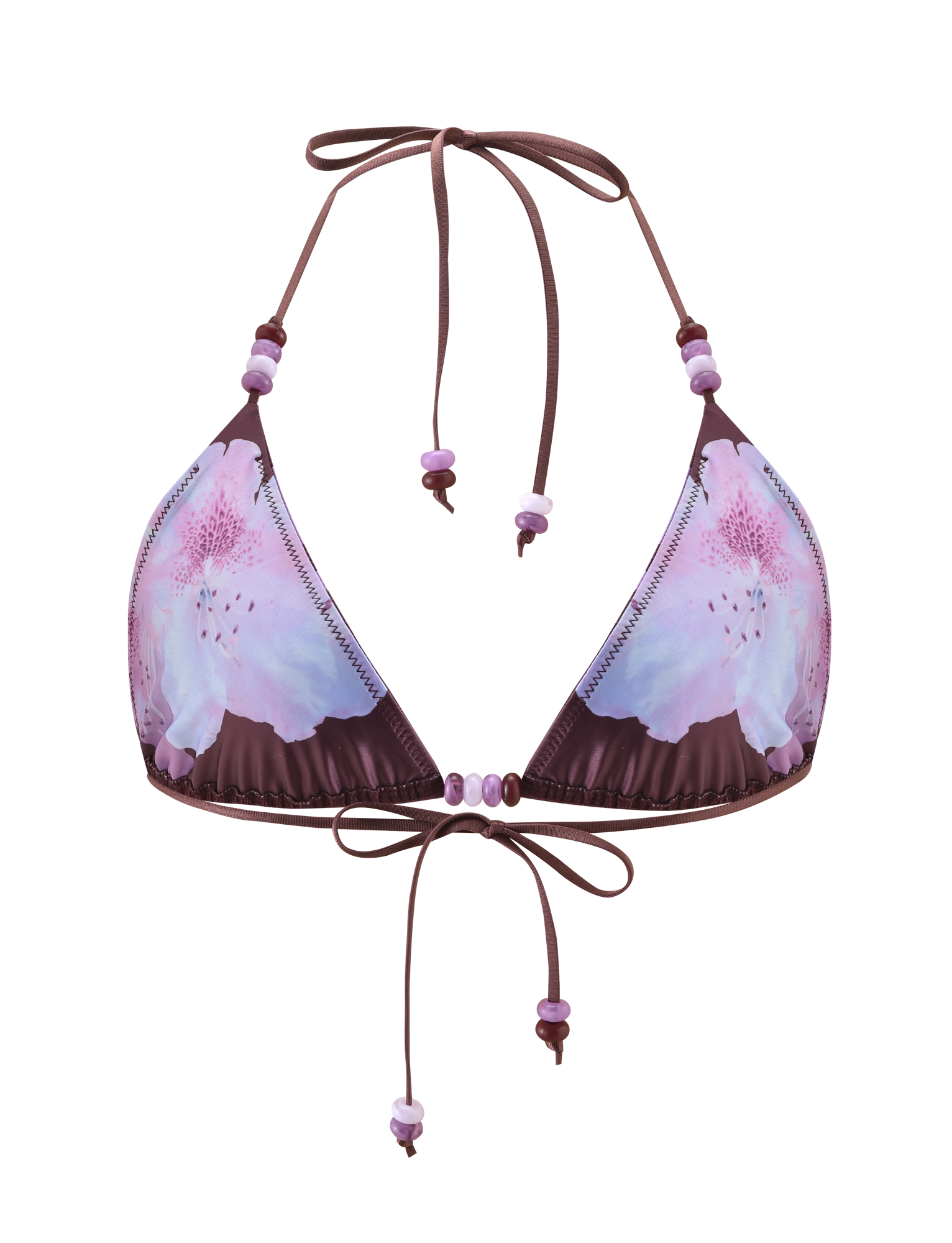 The FINLEA BIKINI TOP - ZEN FLORAL by TIGERMIST features a purple and pink floral print, triangle cups, halter neck ties at neck and back, and decorative matching beads on the string ties.