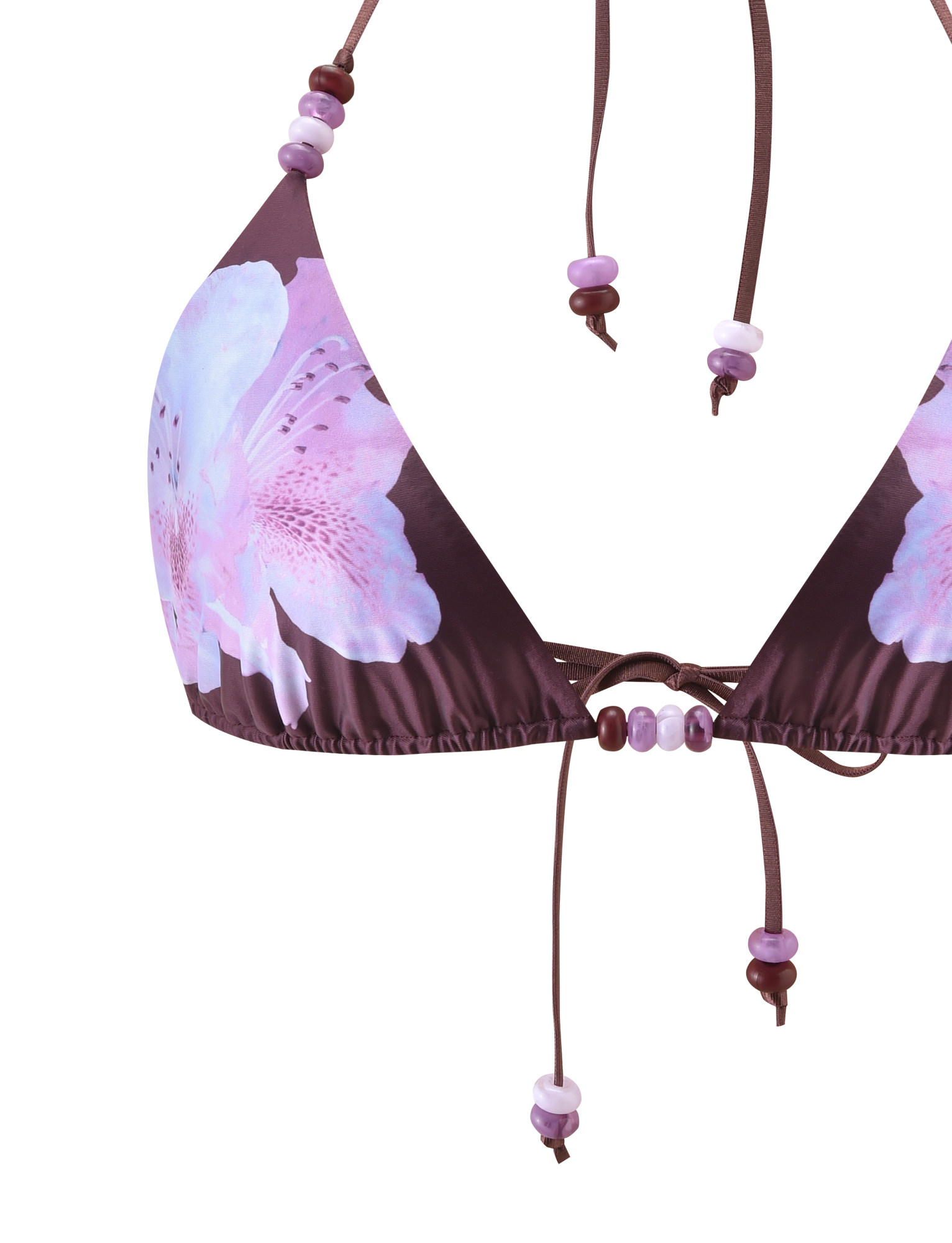 Close-up of the TIGERMIST FINLEA BIKINI TOP - ZEN FLORAL, a brown bikini with pink and purple floral print, triangle design, and purple and white beaded strings, set against a plain white background.