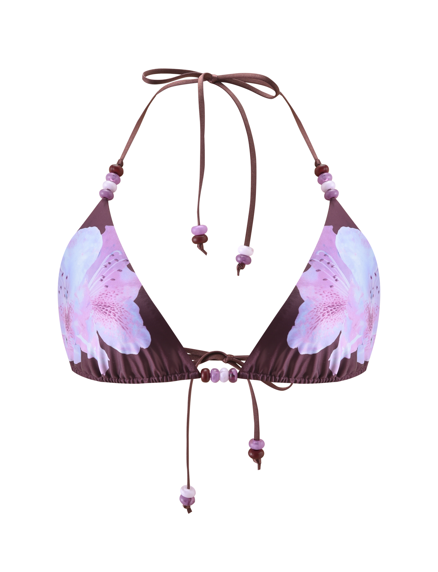 The FINLEA BIKINI TOP - ZEN FLORAL by TIGERMIST features a brown triangle shape, pink and light blue floral print, adjustable halter neck and back ties, and purple bead accents on the strings.