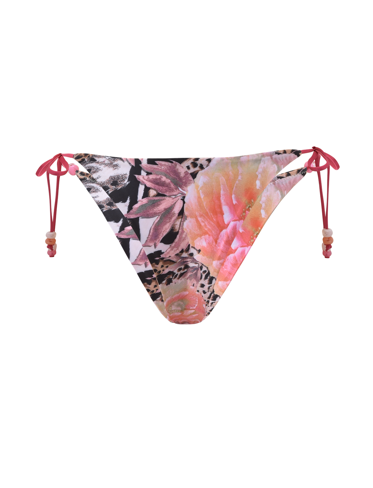 The TIGERMIST FINLEA BIKINI BOTTOM - ANIMALIER FLORAL features a cheeky cut, side tie strings with bead accents, and a pink, orange, and black floral animal print on a white background.