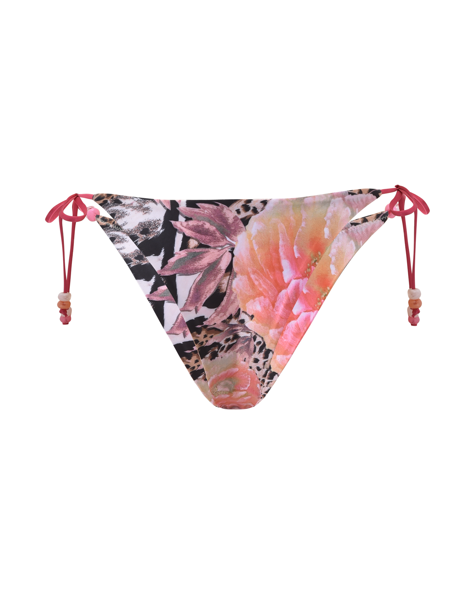 The TIGERMIST FINLEA BIKINI BOTTOM - ANIMALIER FLORAL features a cheeky cut, side tie strings with bead accents, and a pink, orange, and black floral animal print on a white background.