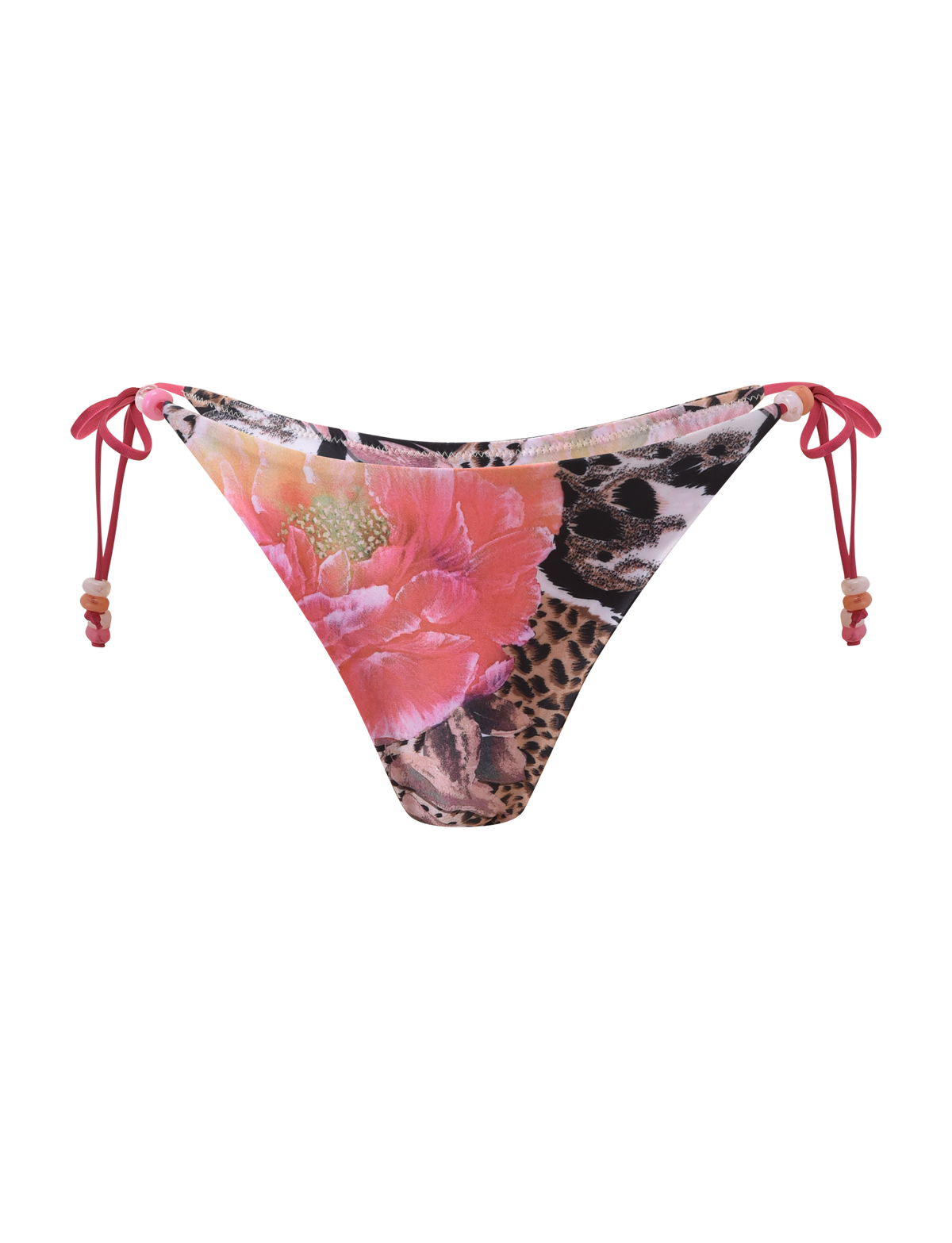 The TIGERMIST FINLEA BIKINI BOTTOM - ANIMALIER FLORAL features a cheeky cut with pink side ties and bold floral and leopard print on a crisp white background, highlighted by a large pink flower.