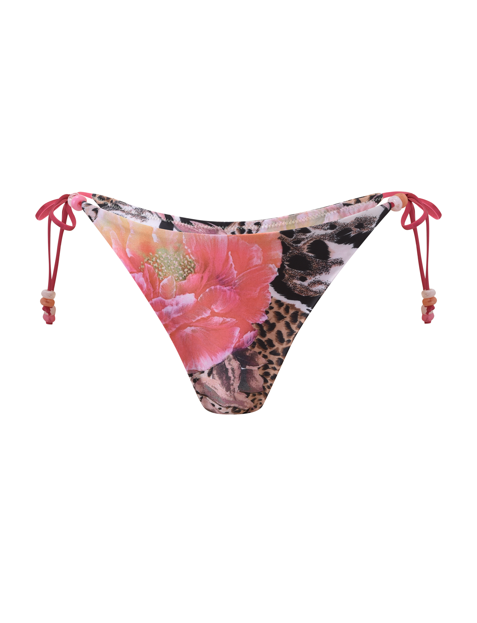 The TIGERMIST FINLEA BIKINI BOTTOM - ANIMALIER FLORAL features a cheeky cut with pink side ties and bold floral and leopard print on a crisp white background, highlighted by a large pink flower.