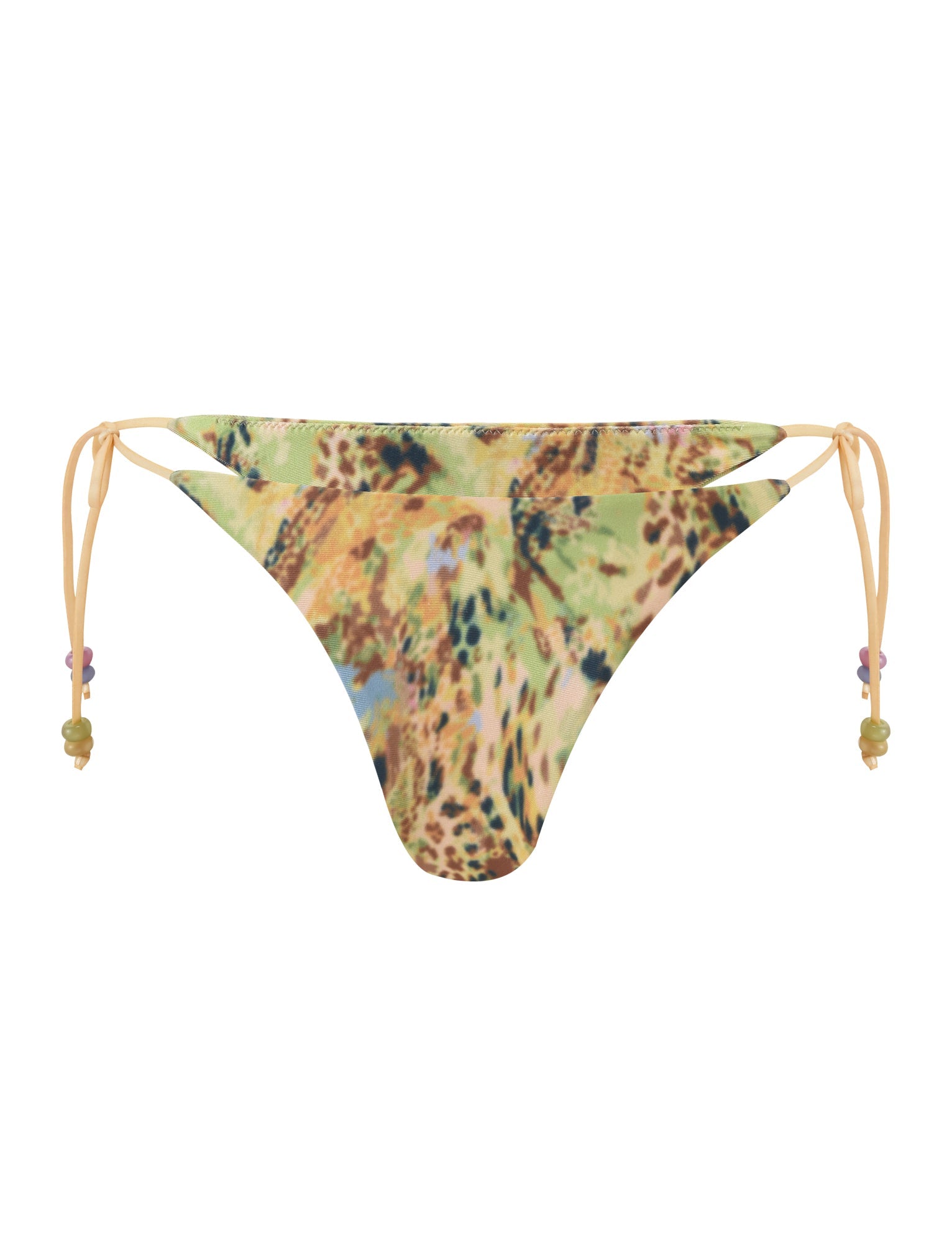 The FINLEA BIKINI BOTTOM - ANIMAL SWIRL by TIGERMIST features a cheeky cut, multicolored animal print, and adjustable yellow side ties with small beads.