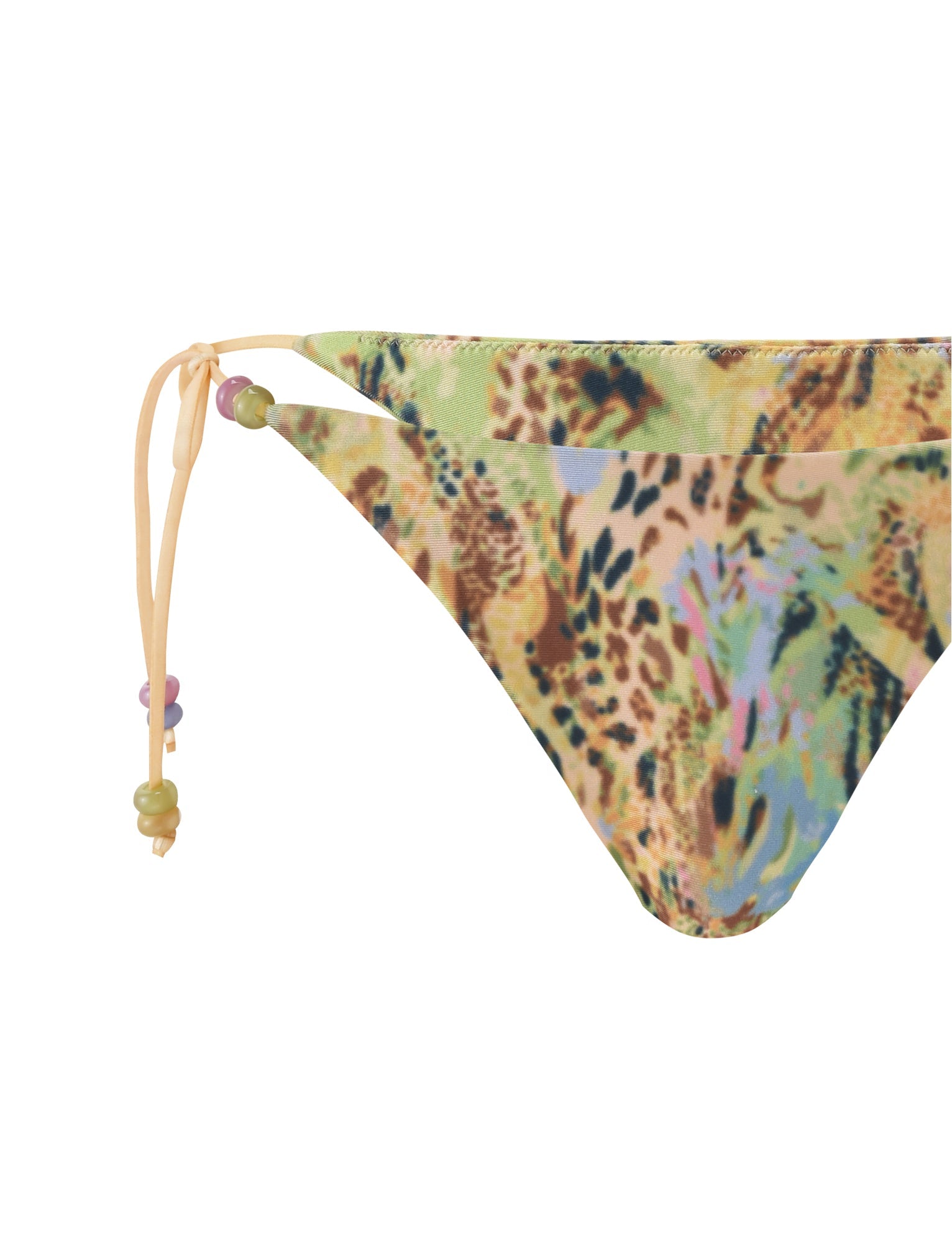 Close-up of the FINLEA BIKINI BOTTOM - ANIMAL SWIRL by TIGERMIST, a cheeky cut with side ties decorated with pastel round beads and an animal swirl print.