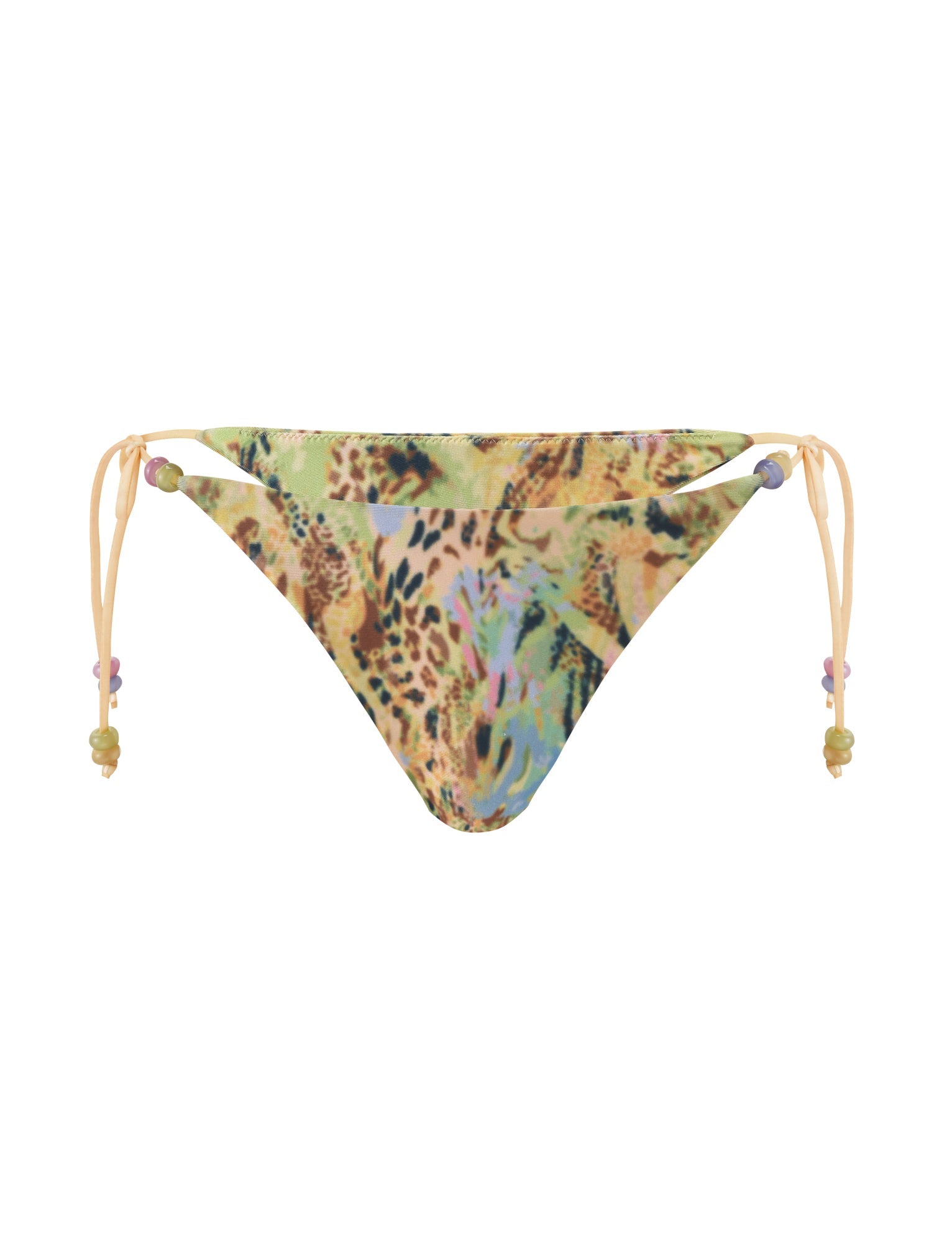 Bring out your wild side with the FINLEA BIKINI BOTTOM - ANIMAL SWIRL by TIGERMIST, featuring a vibrant animal swirl print and thin yellow beaded side ties in a cheeky bikini cut.
