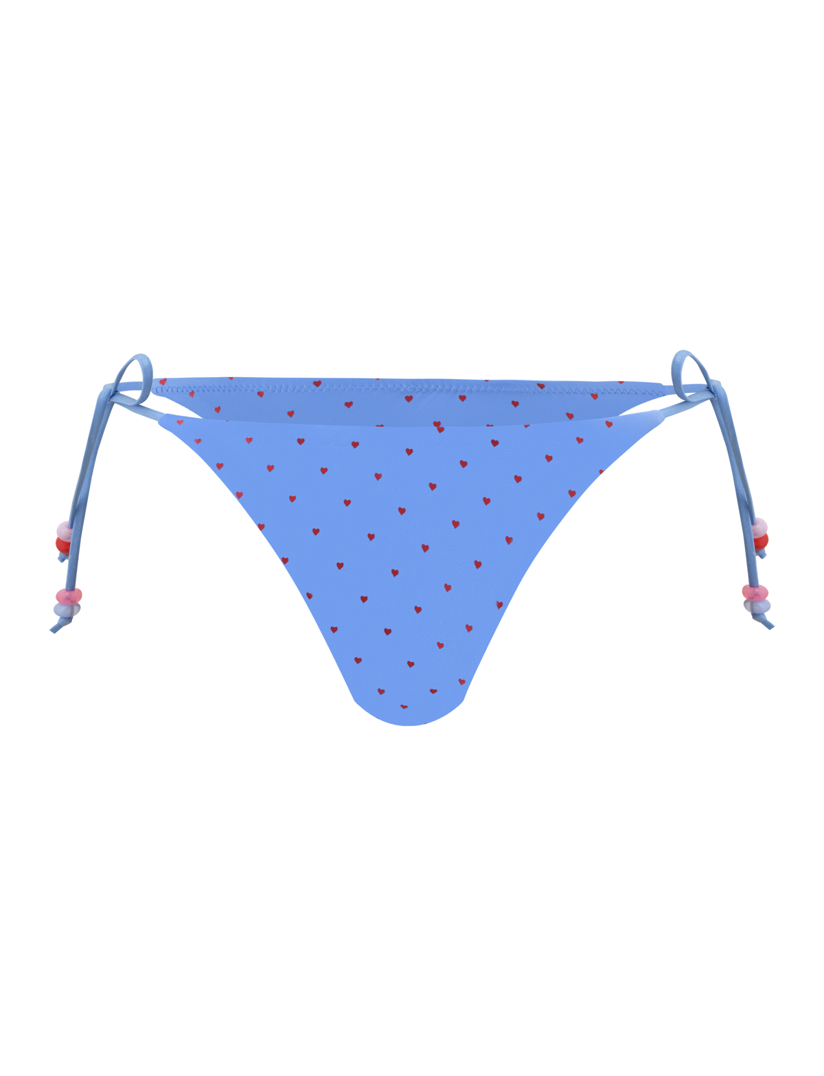 The FINLEA BIKINI BOTTOM - BLUE HEART POLKA DOT by TIGERMIST features a cheeky cut, blue heart print with red hearts, adjustable side ties with pink and red beads, shown on a plain white background.