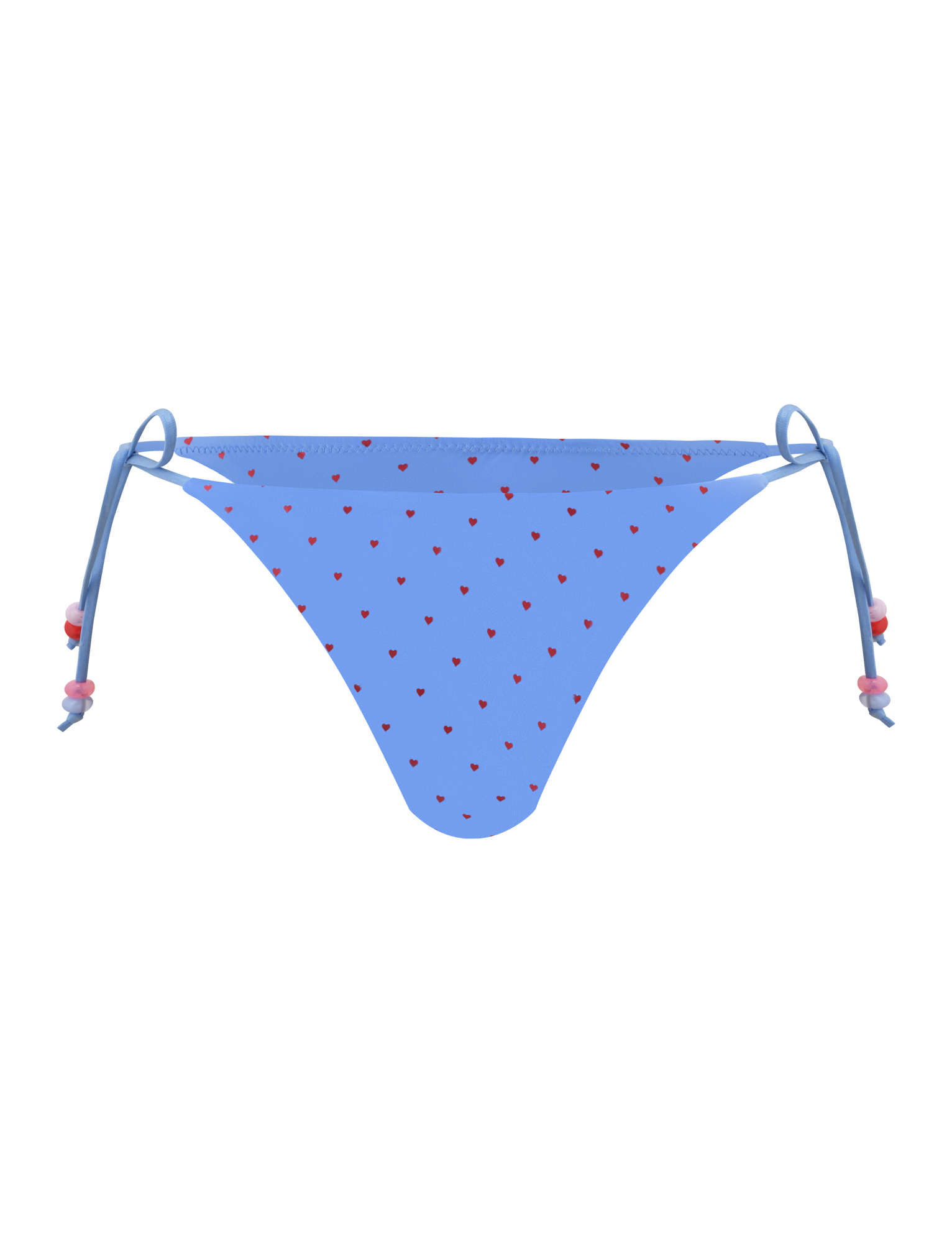 The FINLEA BIKINI BOTTOM - BLUE HEART POLKA DOT by TIGERMIST features a cheeky cut, blue heart print with red hearts, adjustable side ties with pink and red beads, shown on a plain white background.