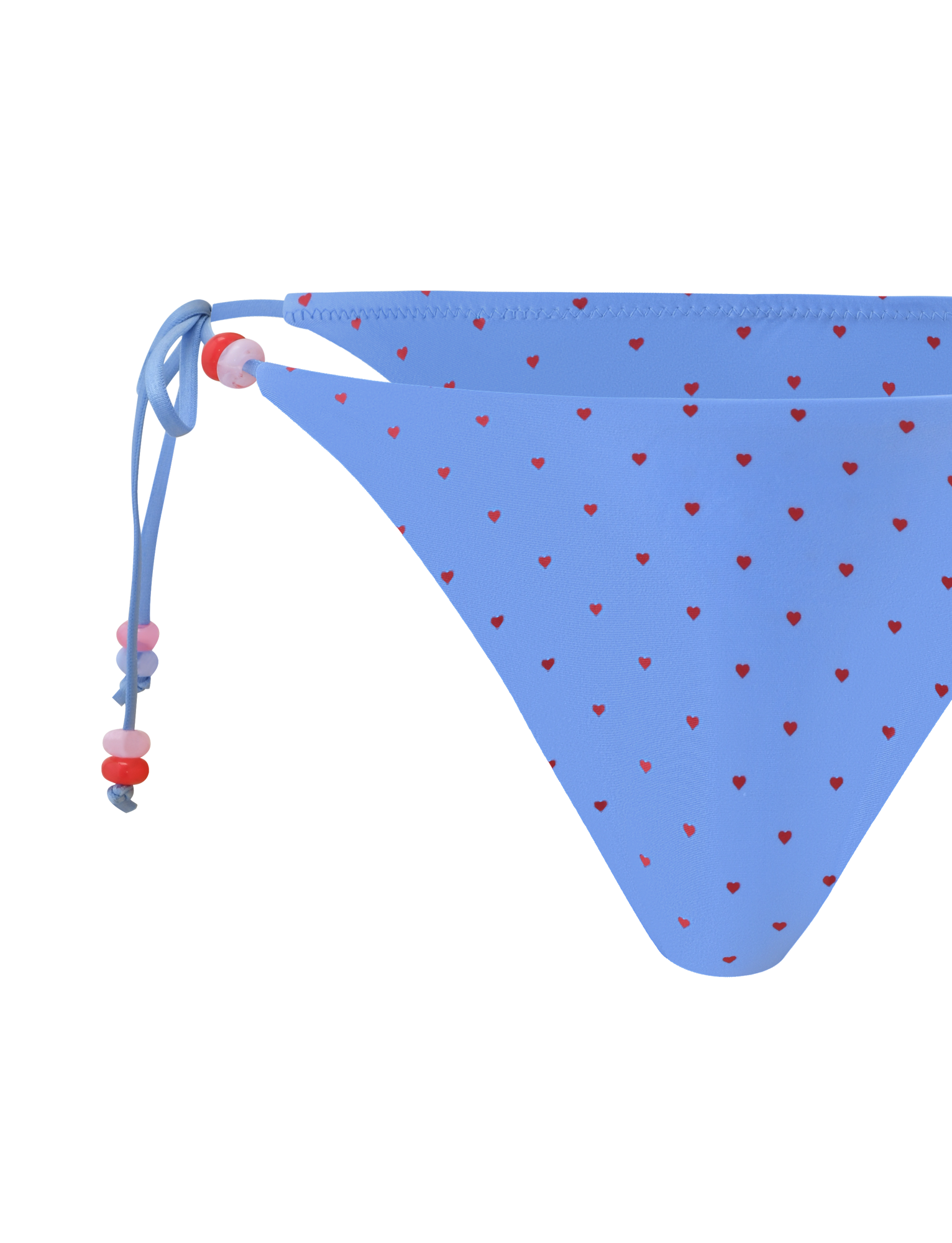 Close-up of the TIGERMIST FINLEA BIKINI BOTTOM - BLUE HEART POLKA DOT in a cheeky cut, featuring blue polka dot hearts with small red hearts and adjustable side ties with pink, red, and white beads. Set against a plain white background.