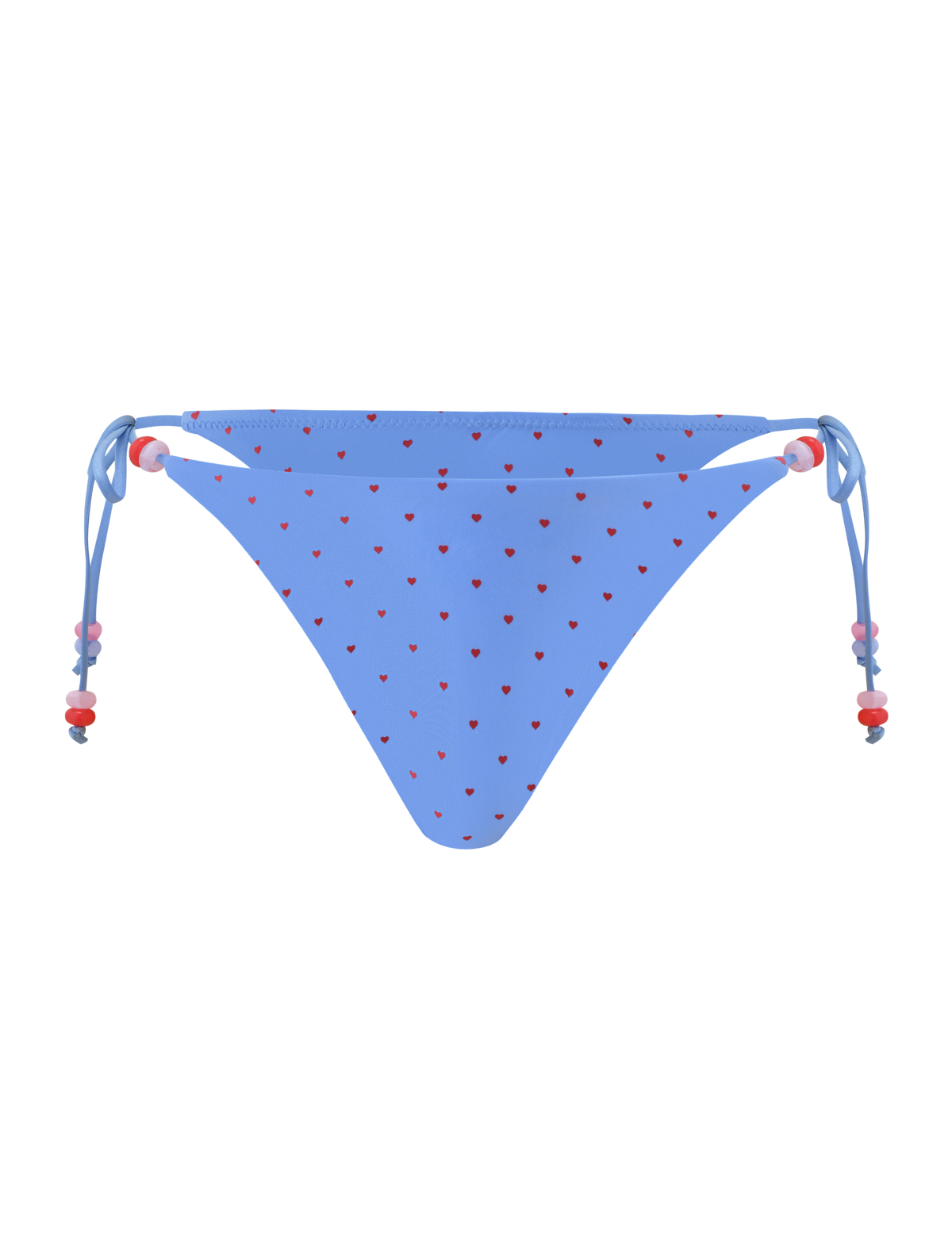 The TIGERMIST FINLEA BIKINI BOTTOM - BLUE HEART POLKA DOT features a cheeky cut, small red hearts, and adjustable side ties with red and white beads, shown on a plain white background.