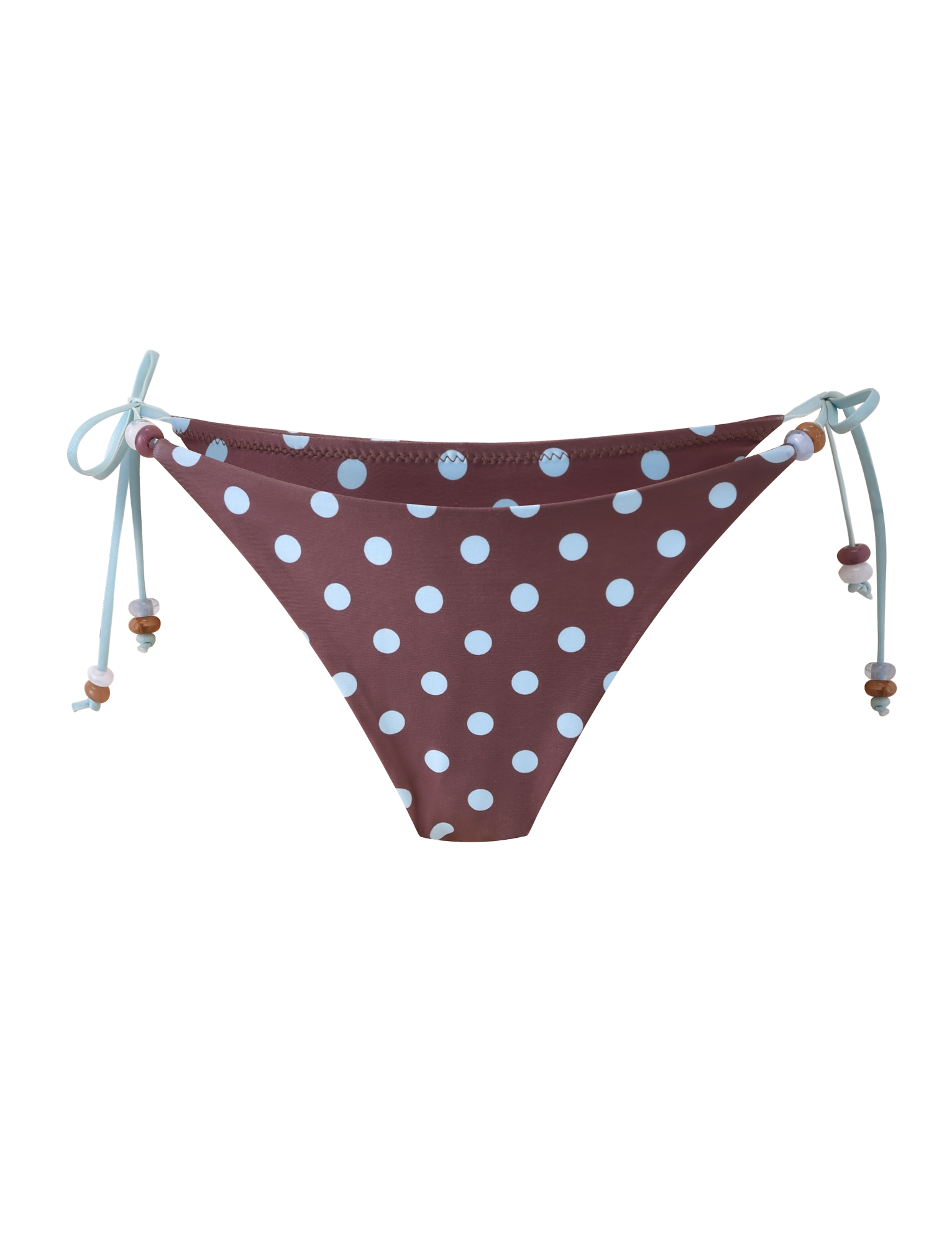 The FINLEA BIKINI BOTTOM by TIGERMIST features a brown and blue polka dot design with light blue side ties and small bead accents for a playful look.
