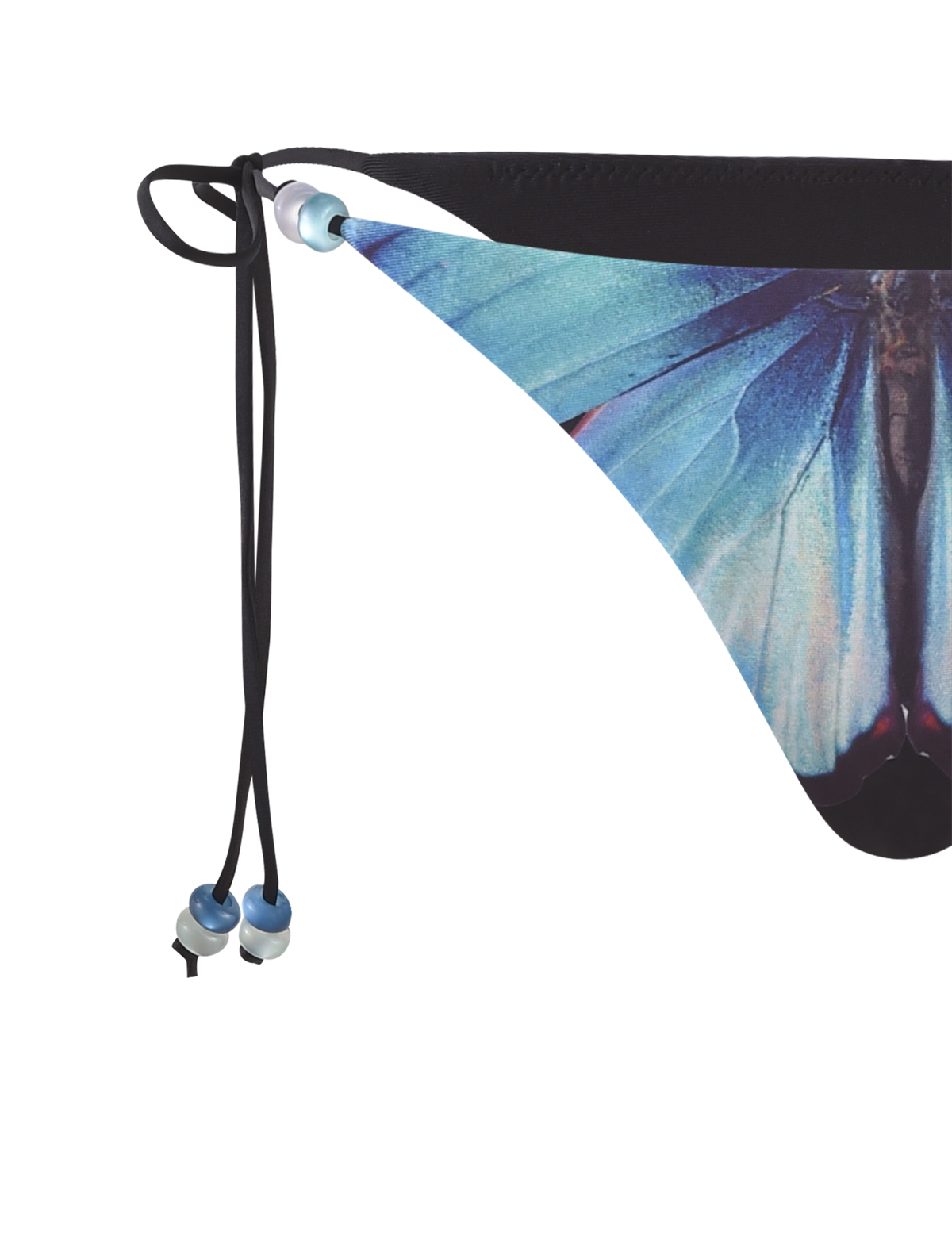 Close-up of the TIGERMIST FINLEA BIKINI BOTTOM - BLACK : BUTTERFLY, featuring a blue wing butterfly print, black side drawstring ties, and a cheeky bikini cut.