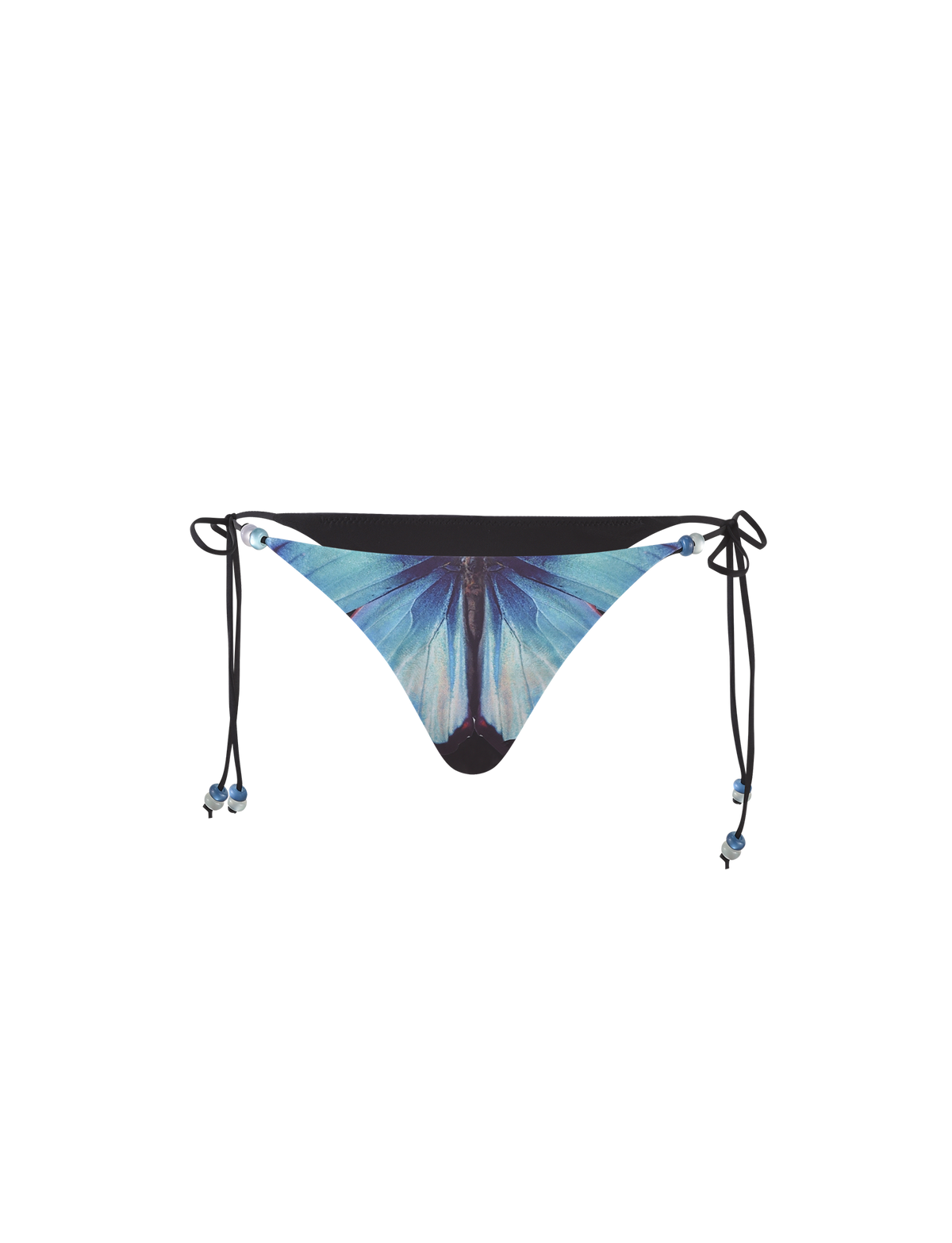The TIGERMIST FINLEA BIKINI BOTTOM - BLACK : BUTTERFLY features a vibrant butterfly print with black edges, soft elastane fabric, and side ties for a stylish, comfortable fit.