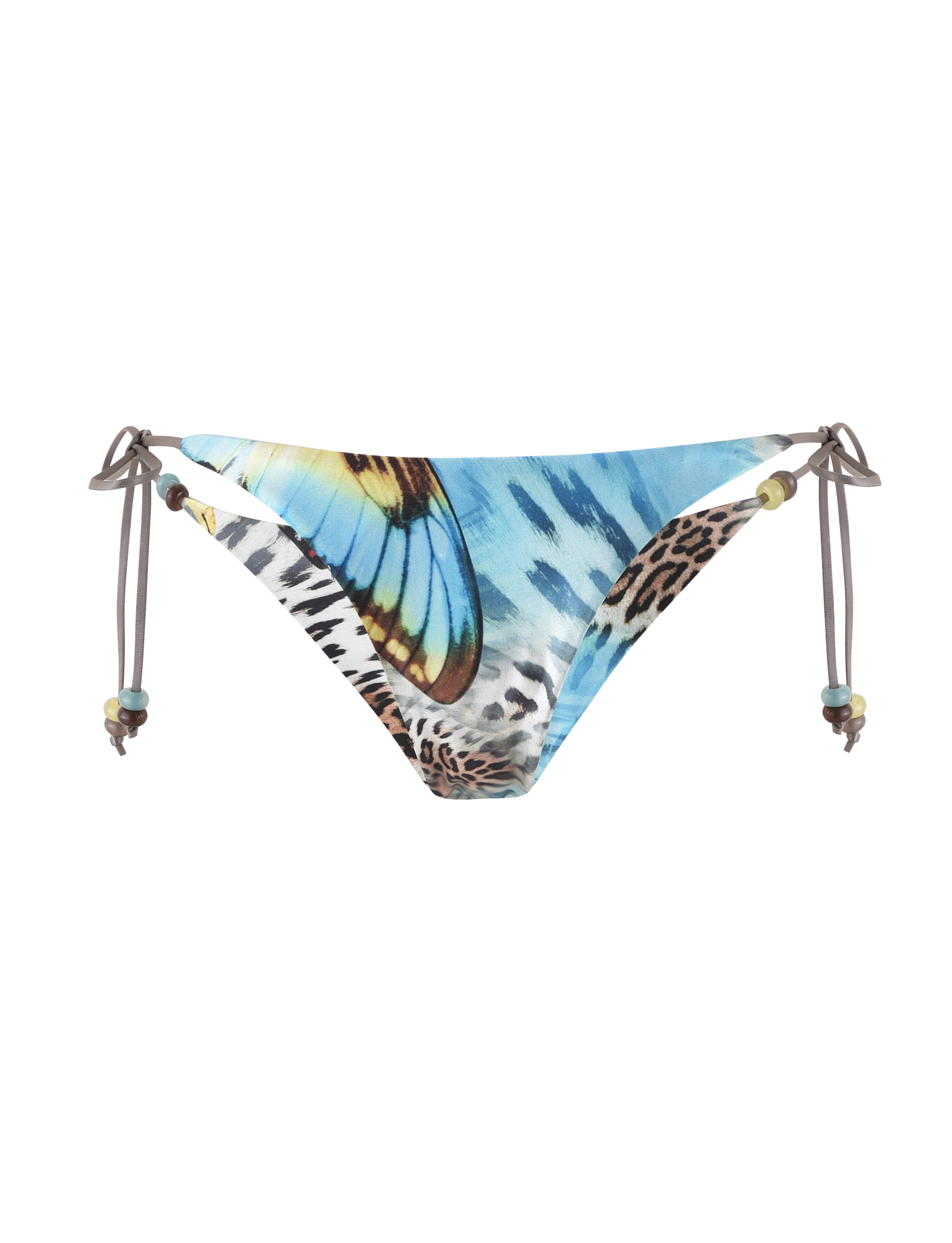 The FINLEA Bikini Bottom by TIGERMIST features side ties and showcases a vibrant butterfly and animal print on soft elastane fabric.