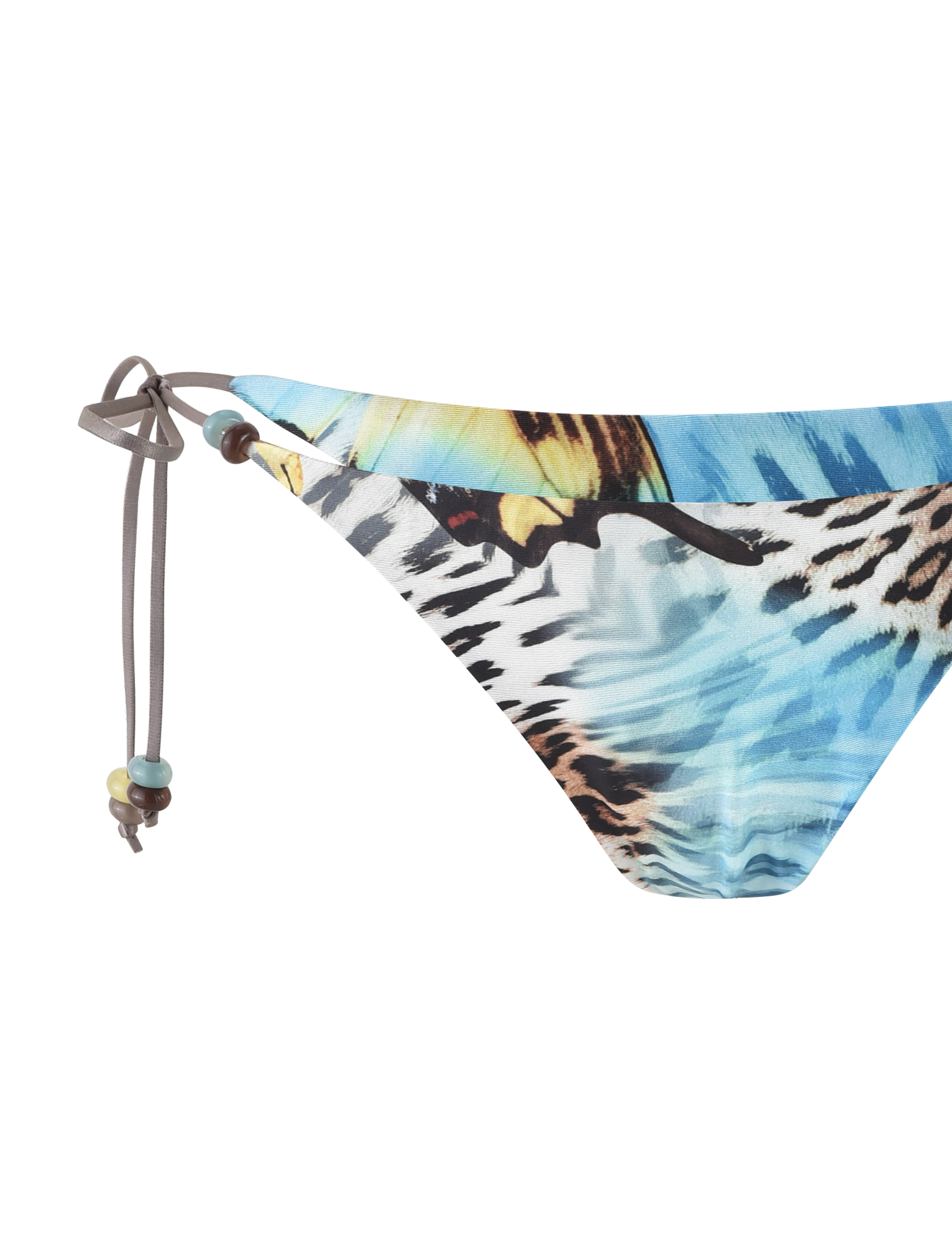 Close-up of the TIGERMIST FINLEA BIKINI BOTTOM - MULTI in Butterfly Animal print, featuring blue with yellow, black, and white accents and a brown beaded string tie on the left side.
