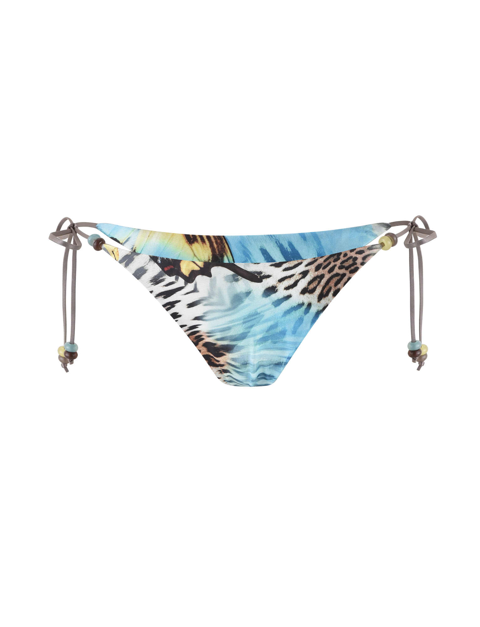 The FINLEA BIKINI BOTTOM - MULTI by TIGERMIST features a vibrant butterfly animal print in blue, black, white, and yellow on soft elastane fabric with adjustable side ties.