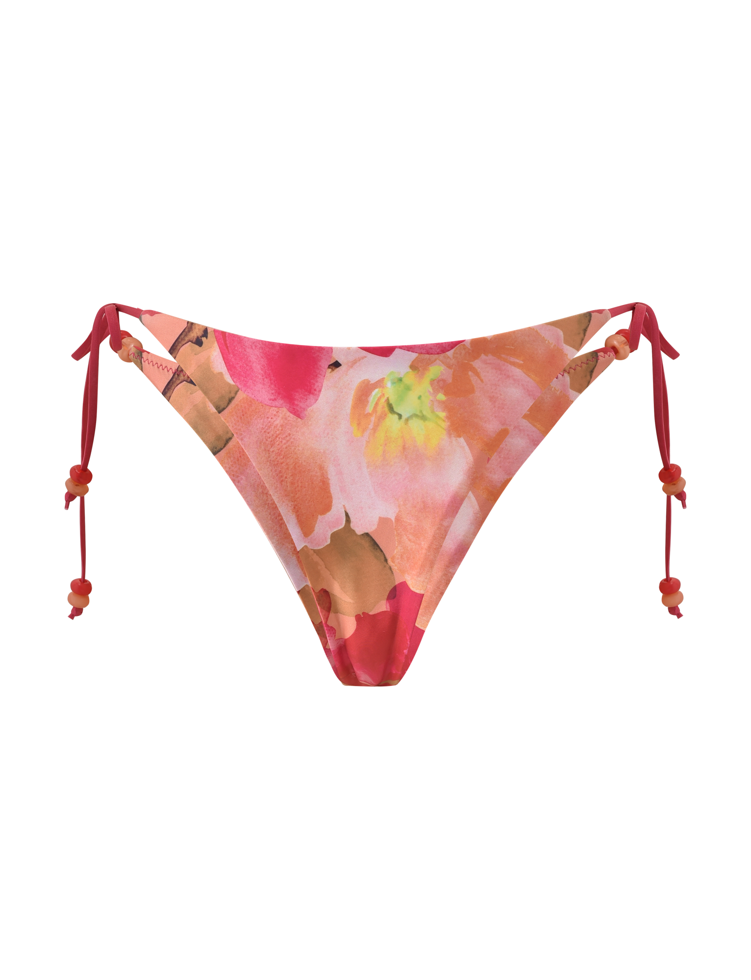 The FINLEA BIKINI BOTTOM - DAIQUIRI FLORAL by TIGERMIST is a cheeky brief with side ties and bead accents, showcasing a pink floral print with orange and green on a crisp white background.