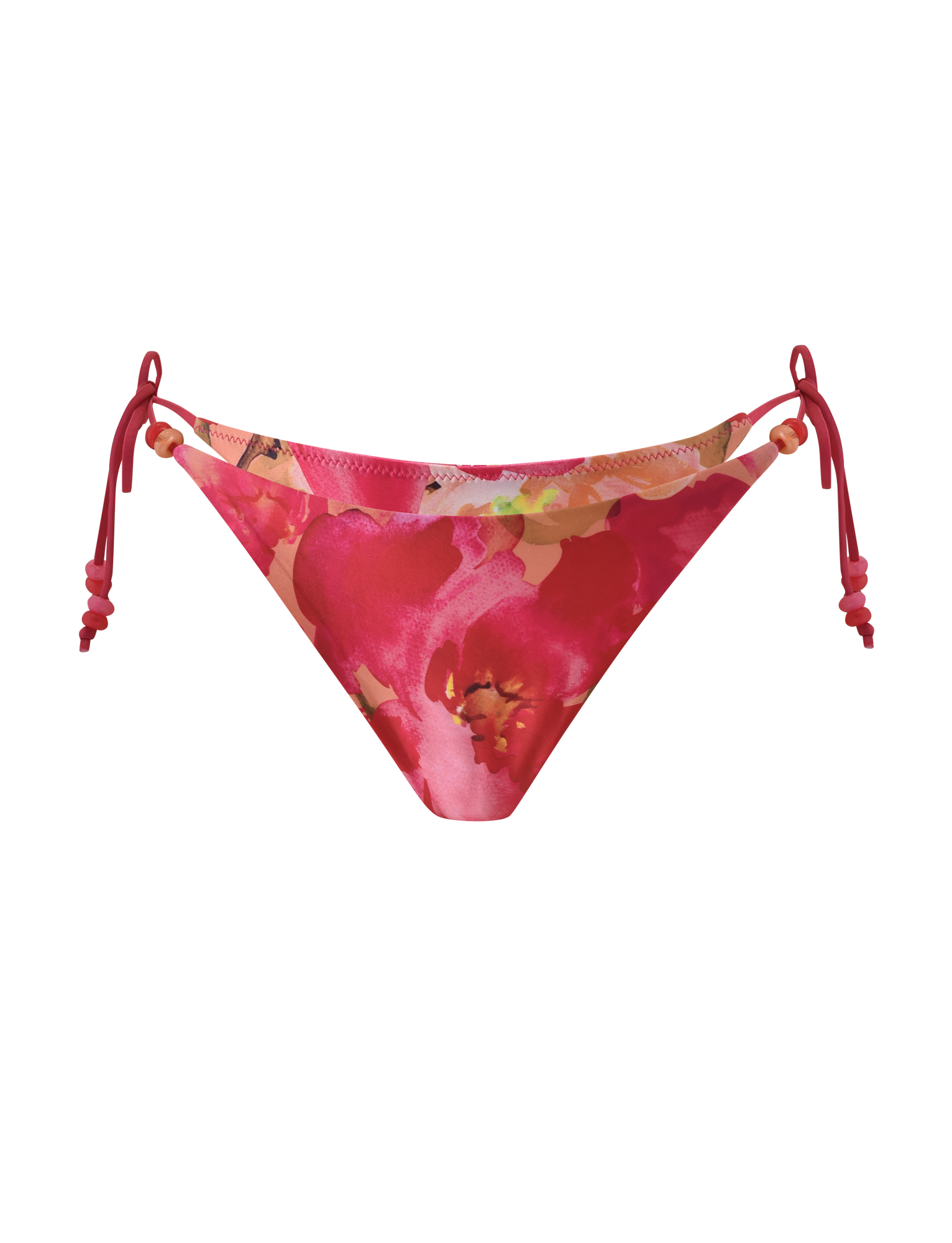 The FINLEA BIKINI BOTTOM - DAIQUIRI FLORAL by TIGERMIST is a cheeky bikini brief with adjustable side ties, showcasing a vibrant pink floral pattern with red accents on a white background.