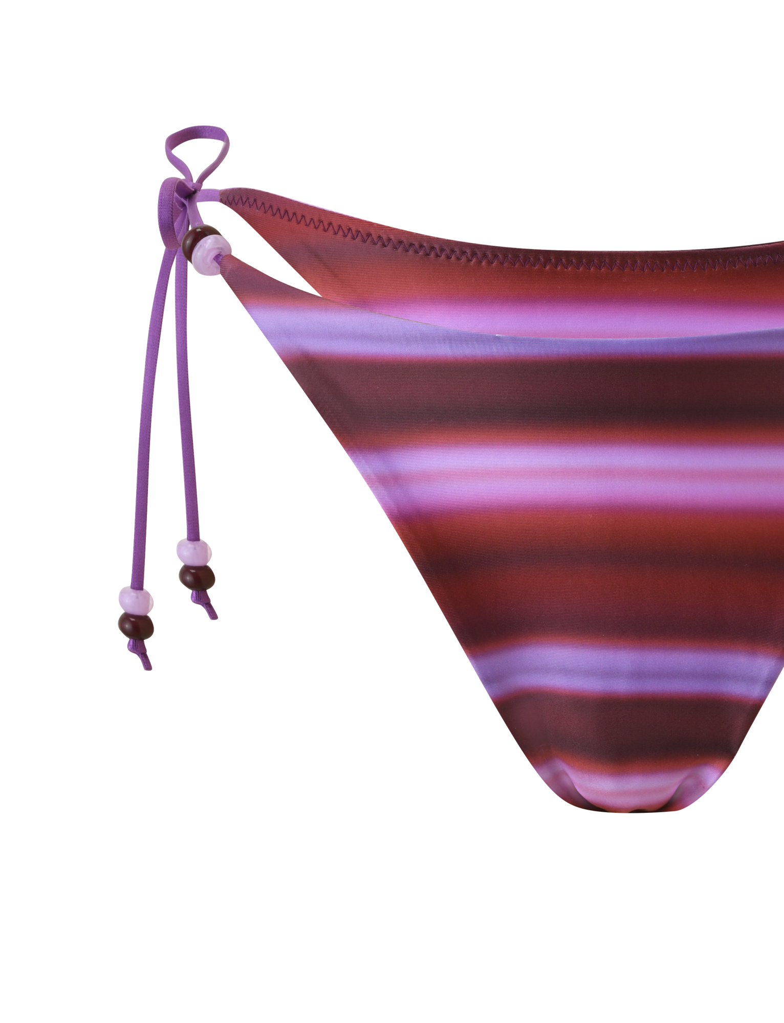 Close-up of the TIGERMIST FINLEA BIKINI BOTTOM - DUSK OMBRE STRIPE, showcasing maroon and pink horizontal stripes with ombre purple side strings featuring beaded ends, set against a white background.
