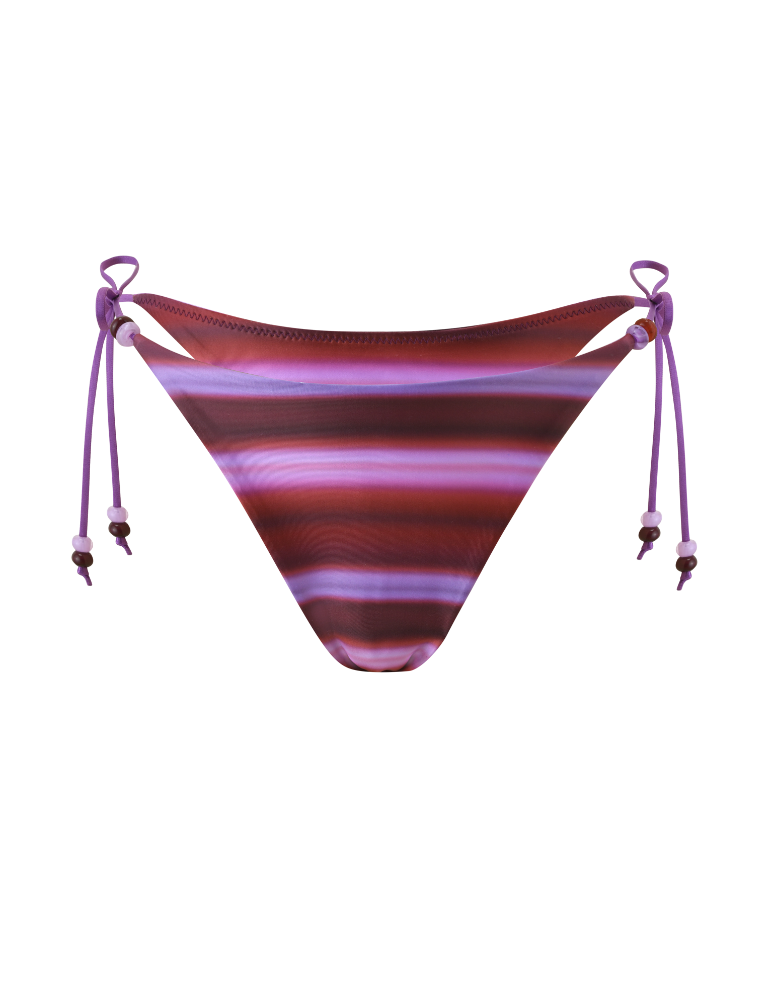 The TIGERMIST FINLEA BIKINI BOTTOM - DUSK OMBRE STRIPE features adjustable side ties with small beads and a cheeky fit in purple, pink, and maroon ombre stripes, shown on a white background.