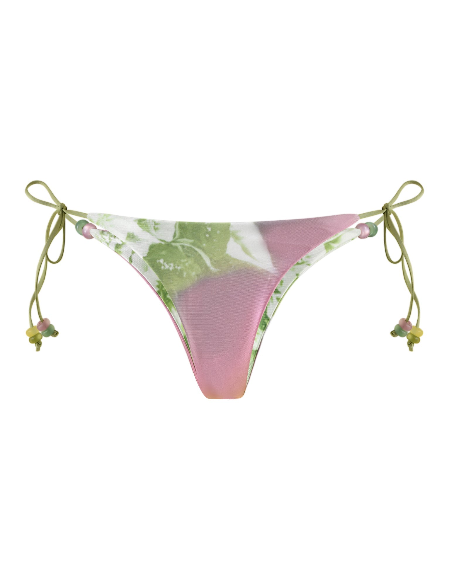 The FINLEA BIKINI BOTTOM - GREEN : FLORAL : STRIPE by TIGERMIST showcases a vibrant pink and green floral pattern with delicate side tie straps featuring small floral accents. Made from elastane, this minimalistic bikini brief offers a chic and comfortable beachwear option that's sure to turn heads.