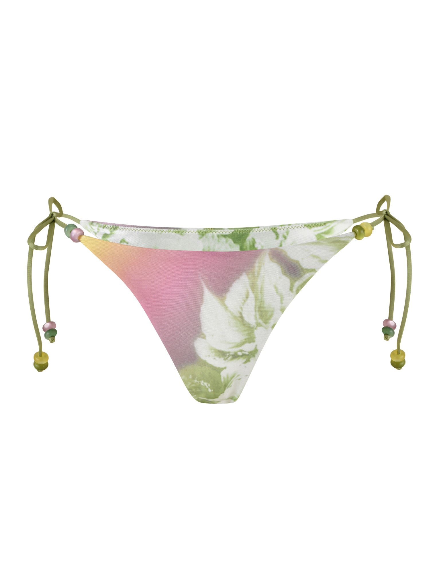 The TIGERMIST Finlea Bikini Bottom for women features a vibrant, multicolored pastel design with a green floral stripe print. The bikini brief is equipped with side-tie straps adorned with small decorative beads and offers an ideal blend of style and comfort thanks to its elastane composition.