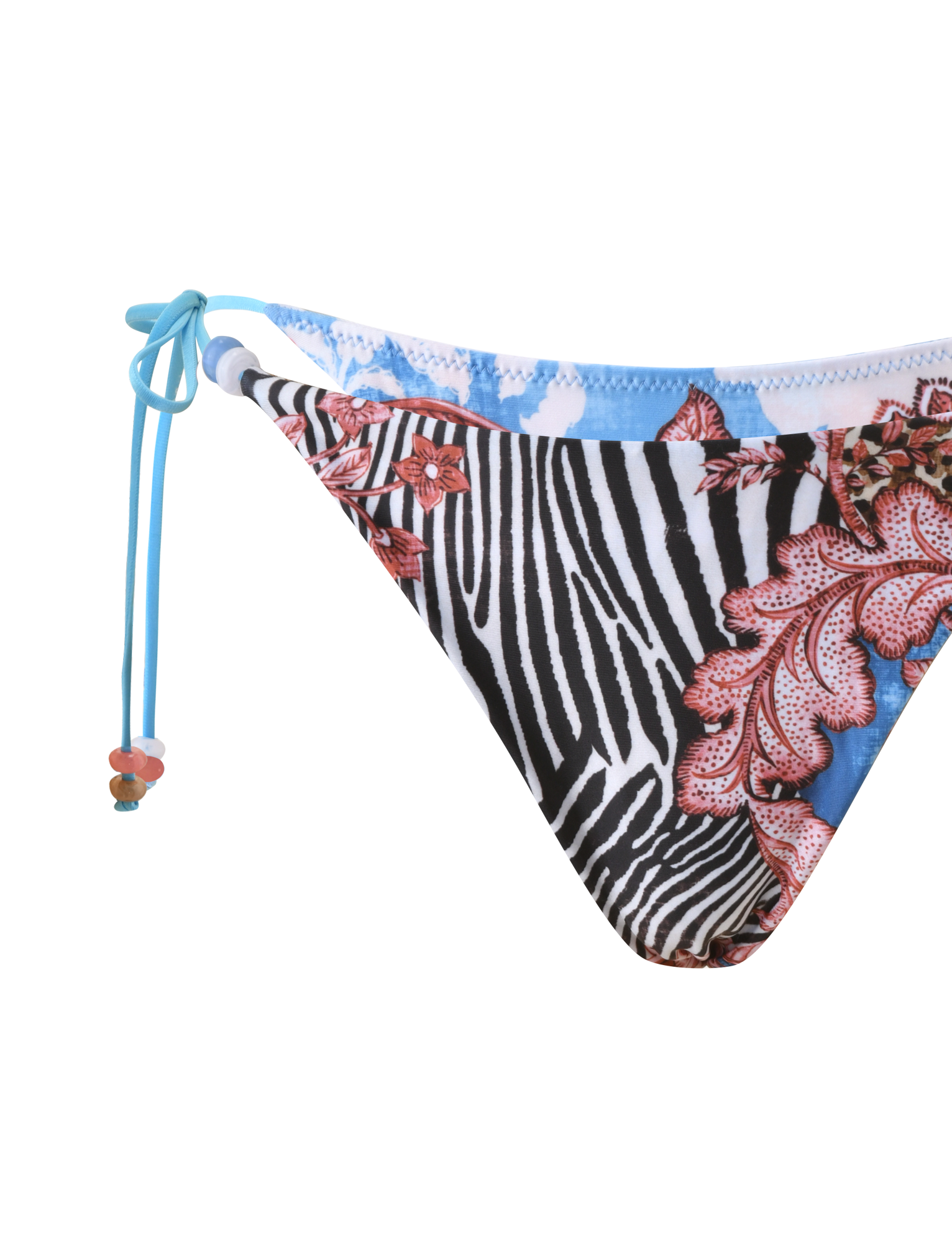 Close-up of the FINLEA BIKINI BOTTOM - GLOBAL ANIMAL HAZE by TIGERMIST, featuring a black and white animal print with red and pink coral-inspired florals, blue accents, and blue side ties finished with colorful beaded details.