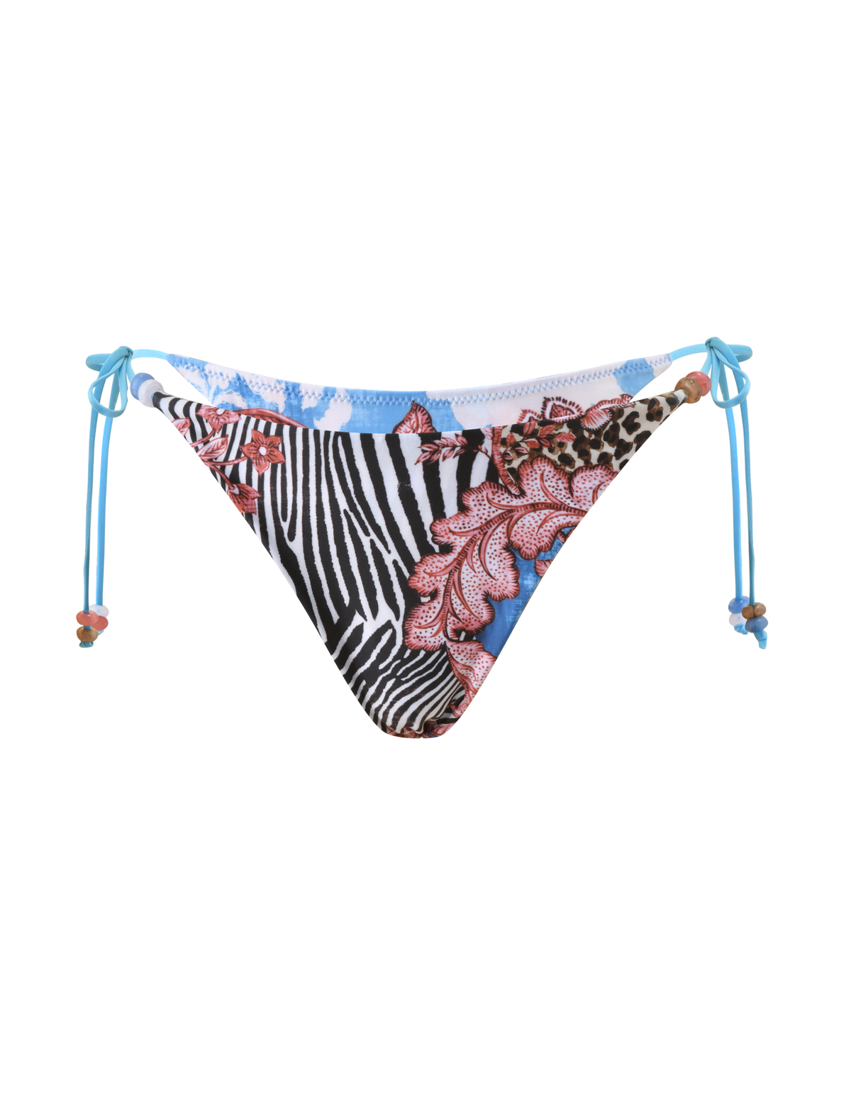 The FINLEA BIKINI BOTTOM - GLOBAL ANIMAL HAZE by TIGERMIST blends zebra, floral, and leopard prints in black, white, red, and blue. Featuring blue beaded side ties, it's perfect for fans of bold animal print bikinis.
