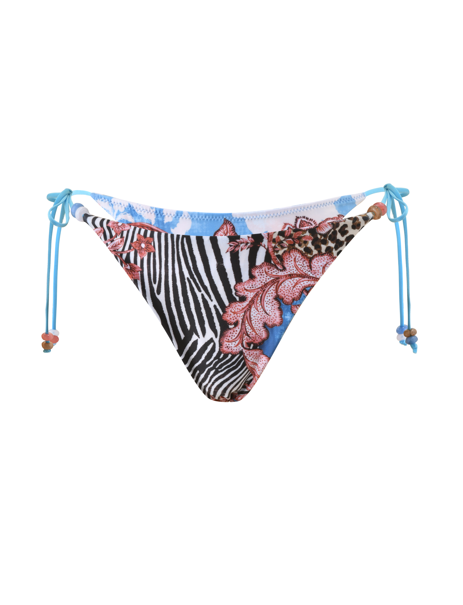 The FINLEA BIKINI BOTTOM - GLOBAL ANIMAL HAZE by TIGERMIST blends zebra, floral, and leopard prints in black, white, red, and blue. Featuring blue beaded side ties, it's perfect for fans of bold animal print bikinis.