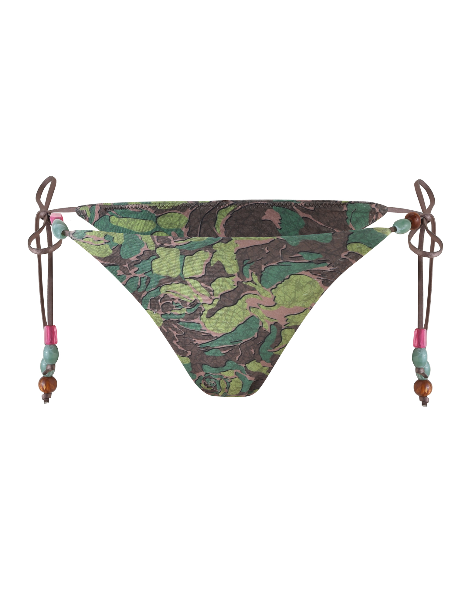 The FINLEA BIKINI BOTTOM - GREEN : CAMO by TIGERMIST features a green and brown leaf camouflage print, a cheeky cut, and brown side ties with pink, blue, and brown bead accents.