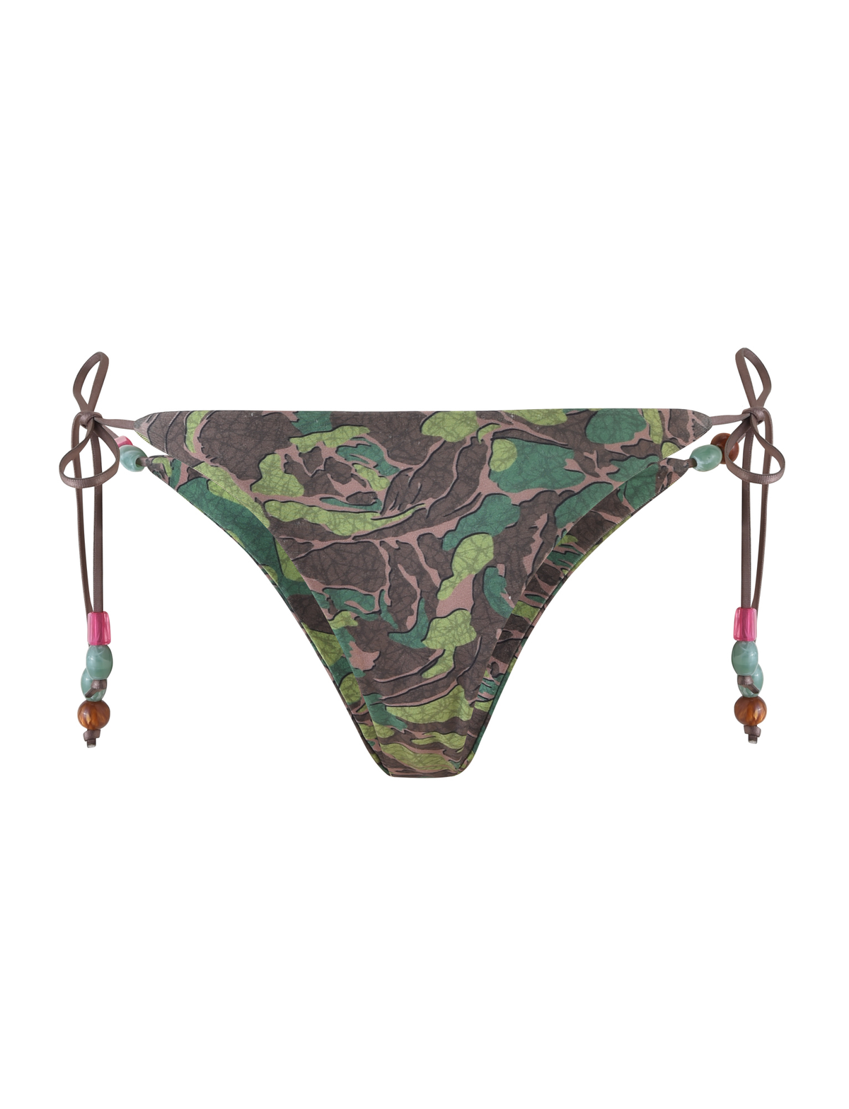 The FINLEA BIKINI BOTTOM - GREEN : CAMO by TIGERMIST features a cheeky cut in green, brown, and black camo, with adjustable brown side ties decorated with pink, blue, and brown beads.