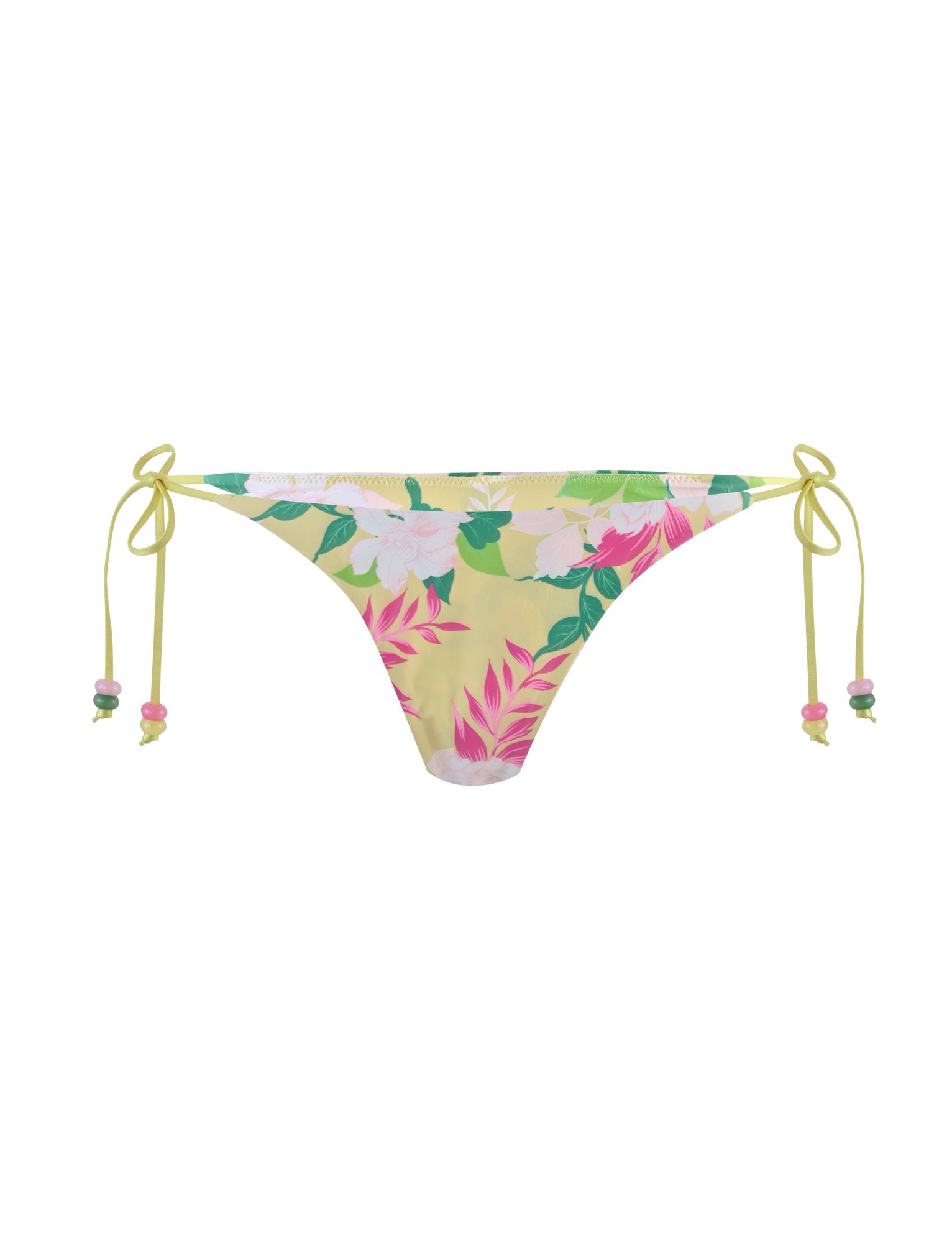 The FINLEA BIKINI BOTTOM - PAISLEY BORDER by TIGERMIST is a yellow bikini bottom with side ties, a cheeky cut, and a vibrant print of pink, green, and white tropical flowers and leaves.