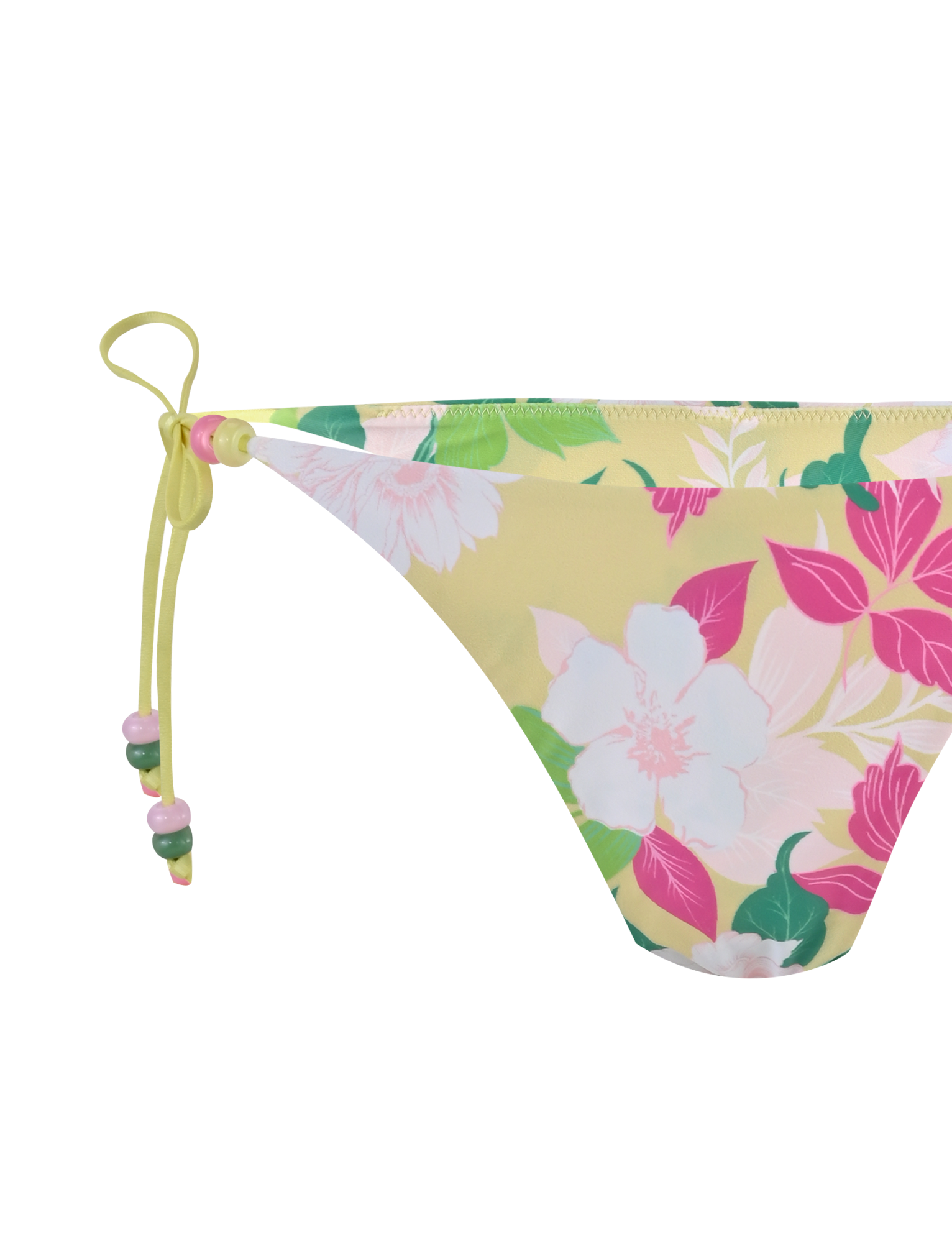 The FINLEA BIKINI BOTTOM - PAISLEY BORDER by TIGERMIST is a yellow bikini bottom with a cheeky cut, pink, green, and white paisley pattern, and side ties embellished with small beads.