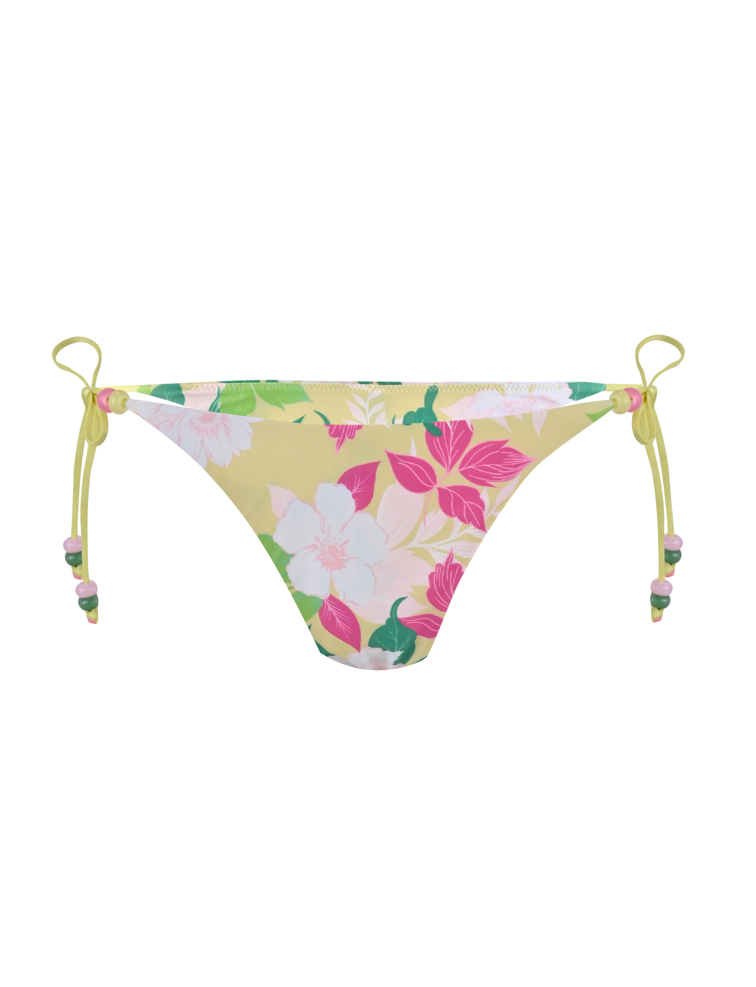 The FINLEA BIKINI BOTTOM - PAISLEY BORDER by TIGERMIST is a yellow cheeky bikini bottom with side ties and a bold paisley floral print in white, pink, and green, crafted from elastane swimwear fabric.