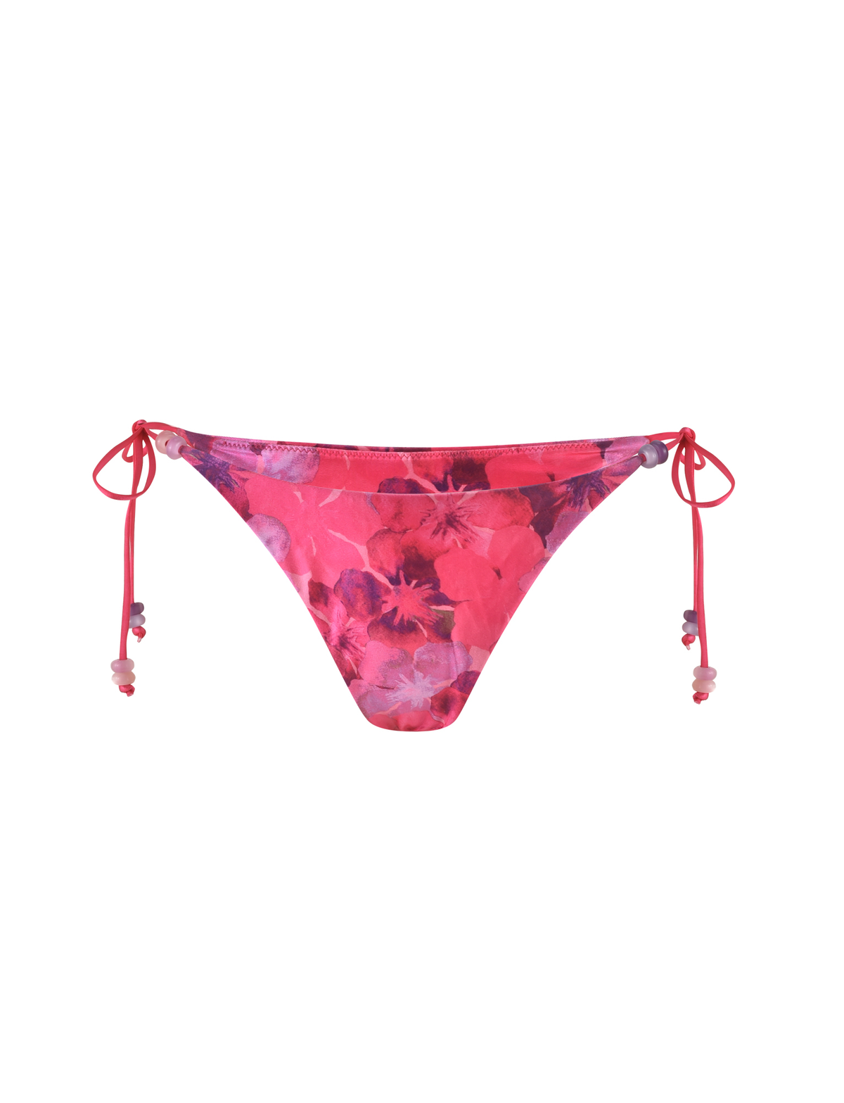 The FINLEA BIKINI BOTTOM - PINK : HIBISCUS by TIGERMIST features a pink floral print, cheeky cut, and side ties with small beads, shown on a white background.