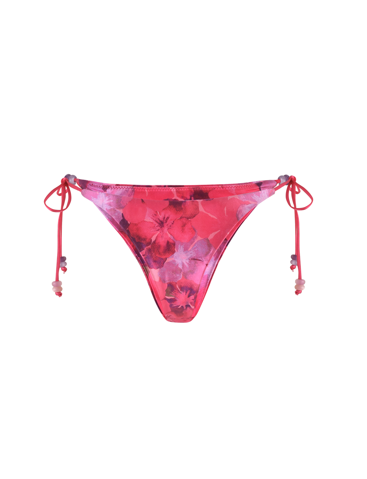 TIGERMIST FINLEA BIKINI BOTTOM - PINK : HIBISCUS features a cheeky floral print, side ties with beaded accents, shown on a white background.