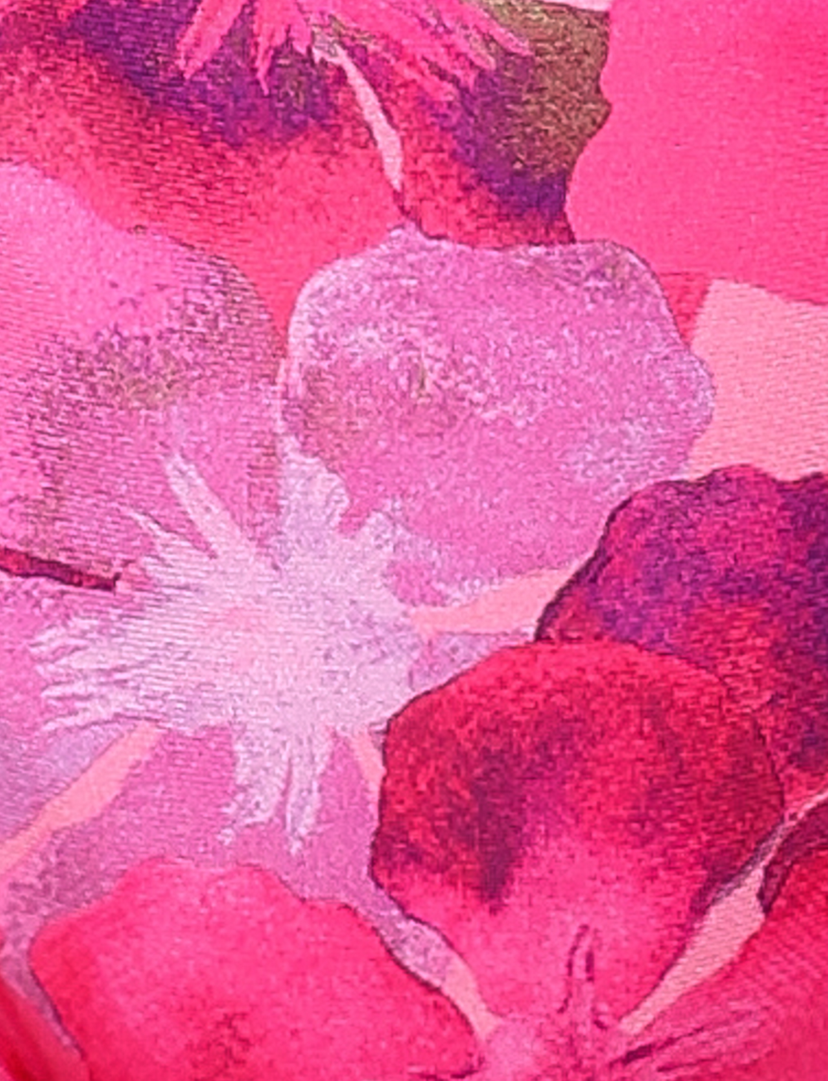 The FINLEA BIKINI TOP - PINK : HIBISCUS by TIGERMIST features a colorful pattern of overlapping pink, red, and purple petals with blended edges—ideal for a triangle bikini top with an adjustable halter neck and textured look.