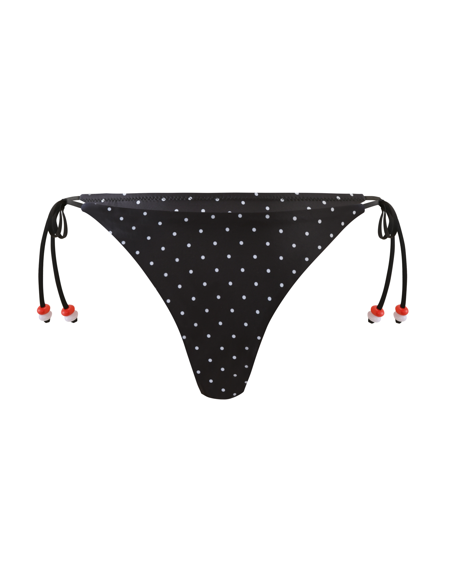 The TIGERMIST FINLEA BIKINI BOTTOM - POLKA DOT BLACK CREAM features cheeky side ties with red bead accents and a black base with cream spots, shown against a plain white background.