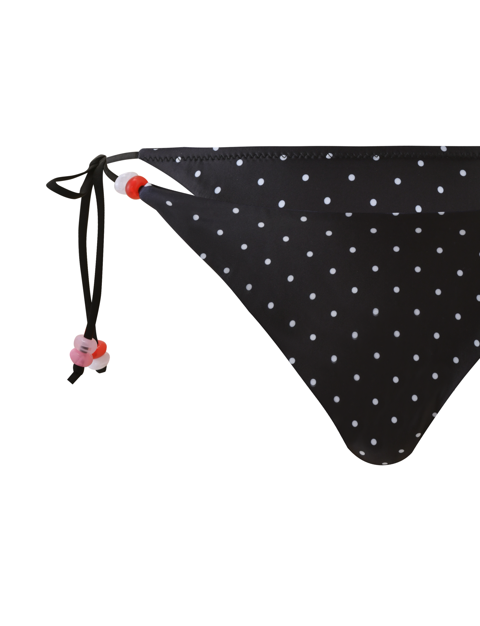 The FINLEA BIKINI BOTTOM - POLKA DOT BLACK CREAM by TIGERMIST features a chic black and cream polka dot design with cheeky side ties accented by pink, red, and white beads for a playful touch.