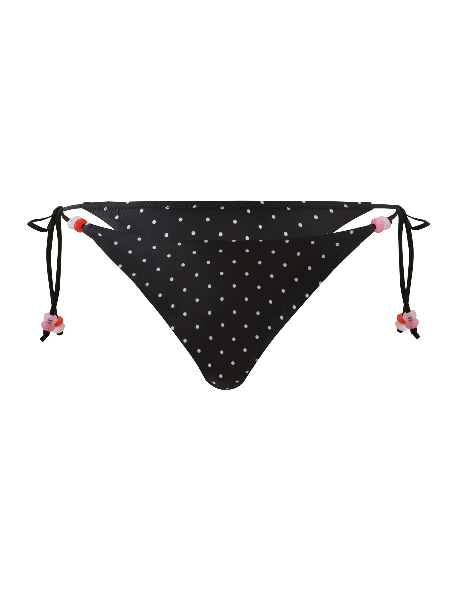 The FINLEA BIKINI BOTTOM - POLKA DOT BLACK CREAM by TIGERMIST features adjustable side ties with pink and red bead accents. This cheeky bikini bottom stands out against a plain white background.