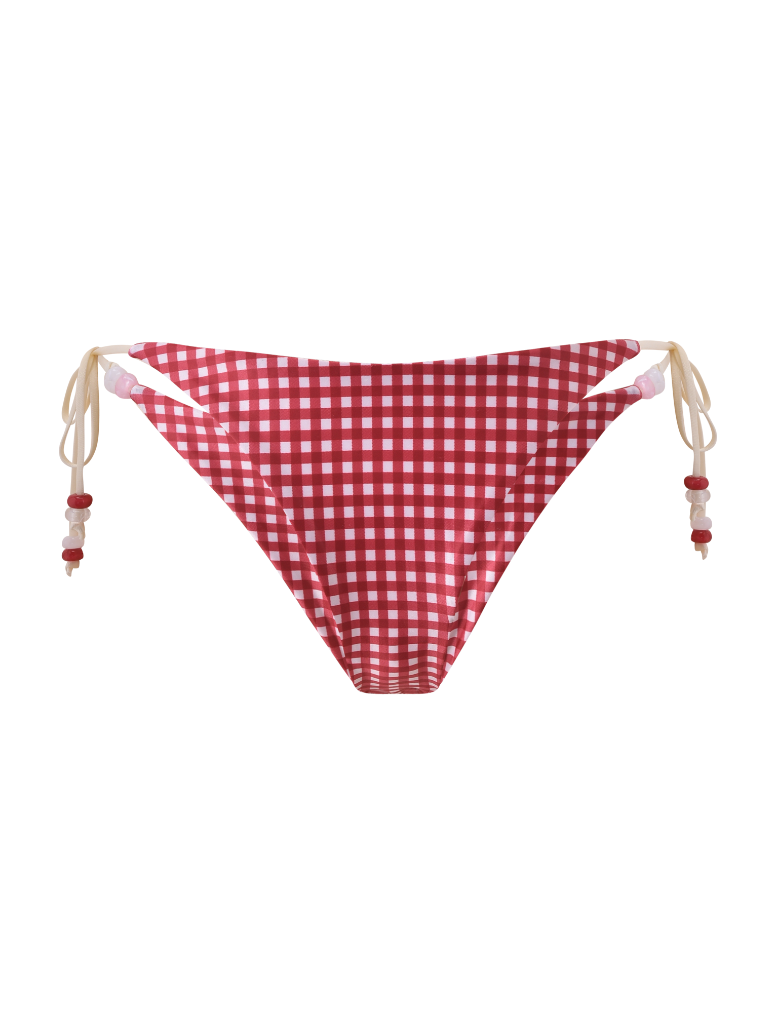The TIGERMIST FINLEA BIKINI BOTTOM in red gingham has beige side ties with pink and red bead accents at the ends, shown on a white background.