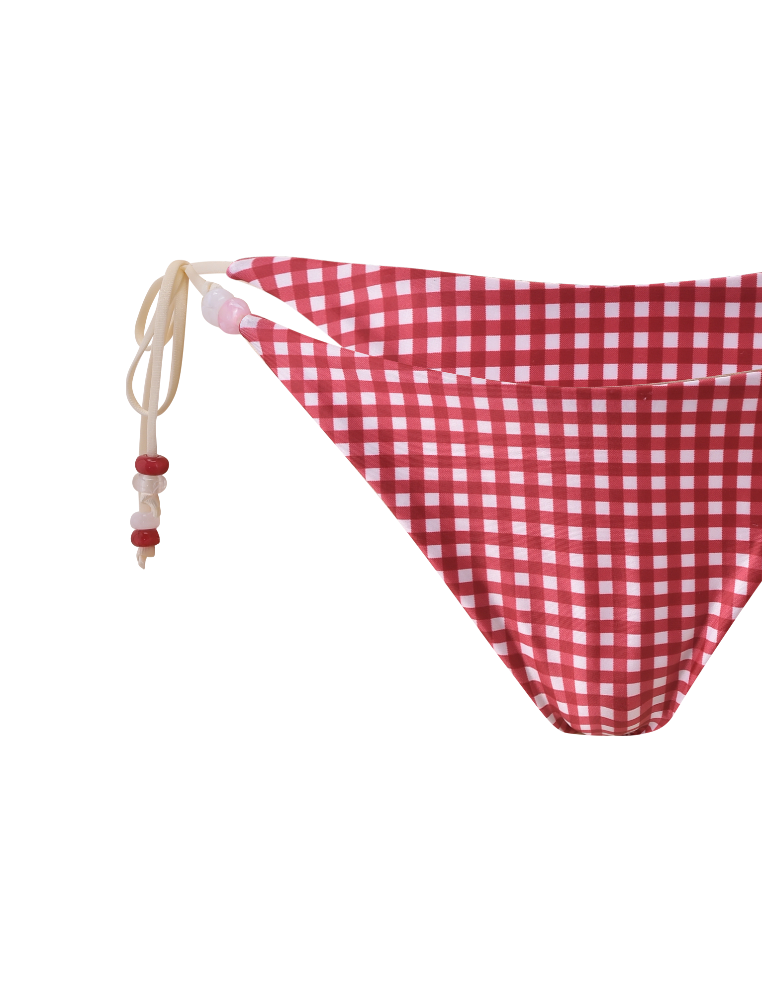 The TIGERMIST FINLEA BIKINI BOTTOM in red gingham features adjustable cream side drawstrings with pink and red beads, shown against a white background—a perfectly cheeky bikini bottom style.