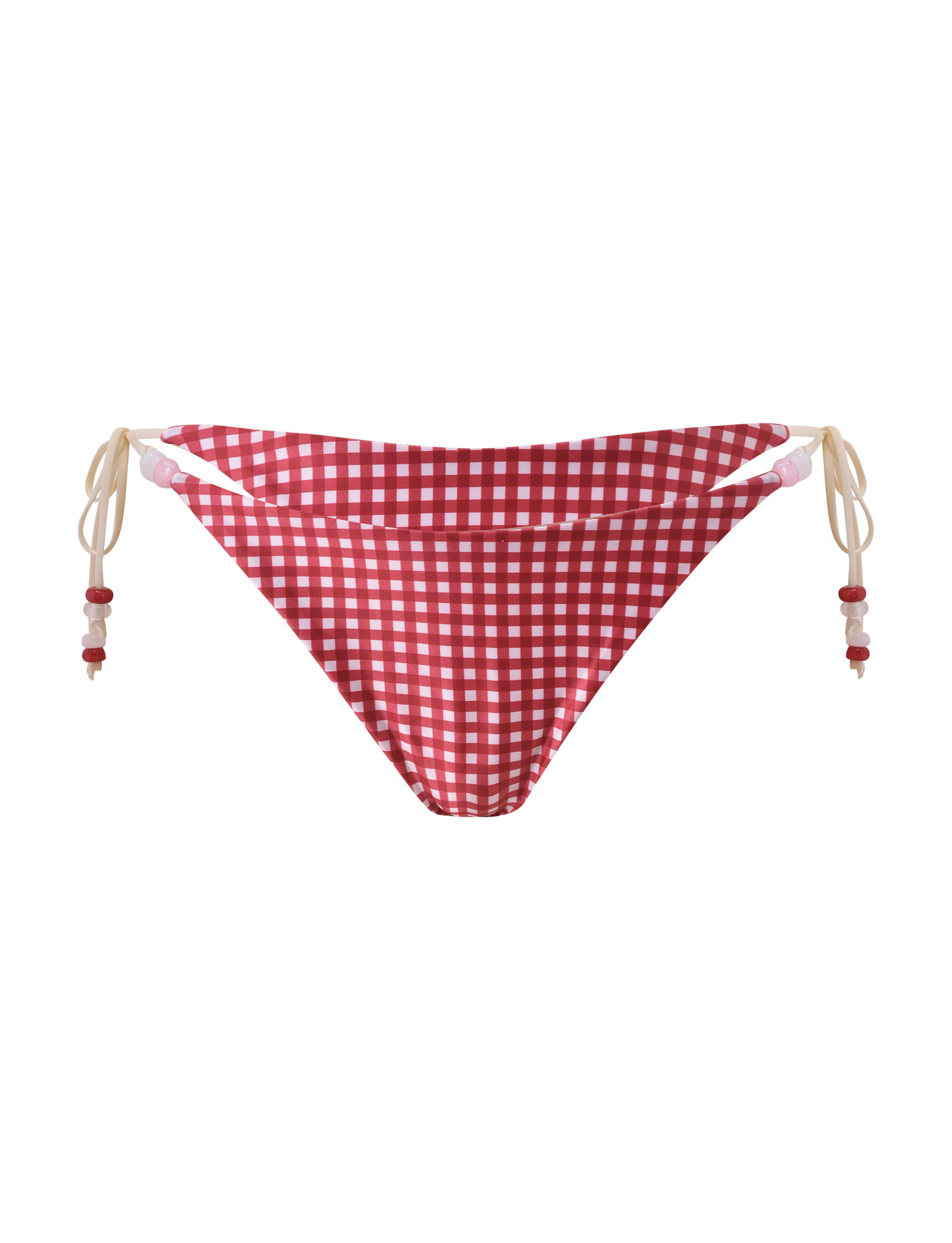 The TIGERMIST FINLEA BIKINI BOTTOM in red gingham features adjustable beige side ties with red and white beads, shown against a plain white background.
