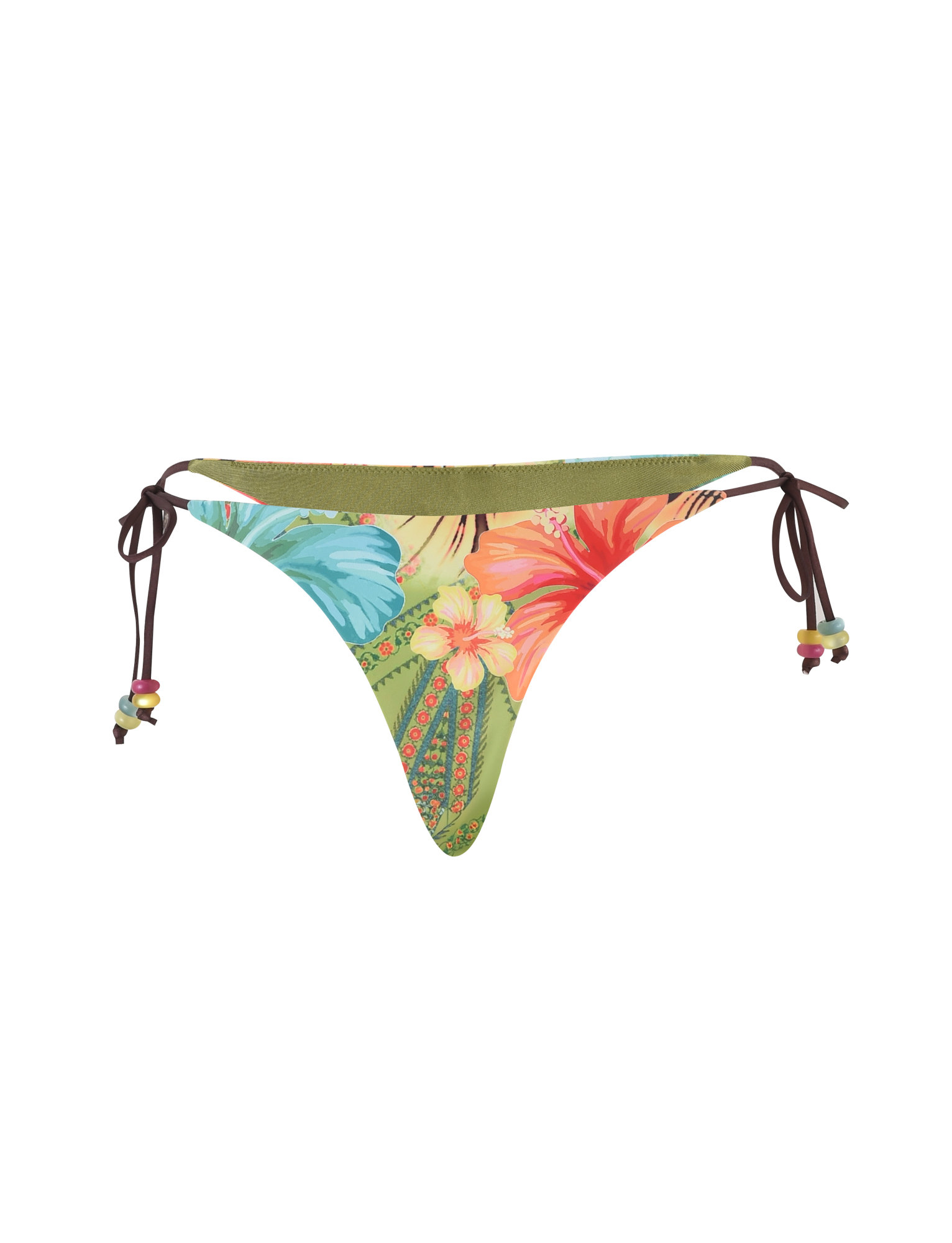 The FINLEA BIKINI BOTTOM - MULTI : TROPICAL FLORAL by TIGERMIST features side ties, a cheeky cut, and a vibrant green, red, blue, and yellow tropical floral print for a flattering look.