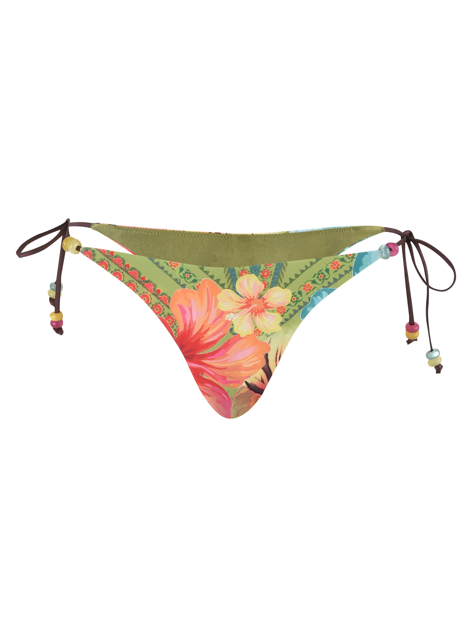 The FINLEA BIKINI BOTTOM - MULTI : TROPICAL FLORAL by TIGERMIST is a cheeky bikini bottom with side ties and multicolored beads, featuring a vibrant tropical floral print on a green background.
