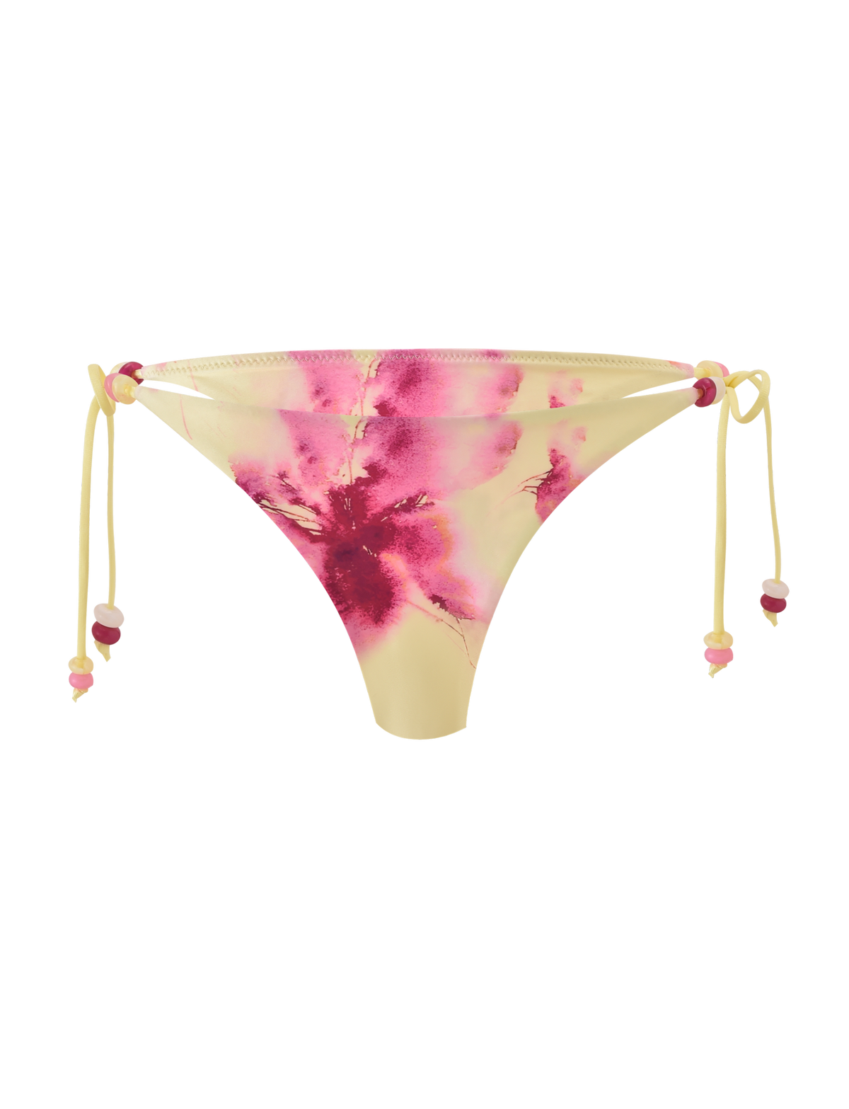 The FINLEA BIKINI BOTTOM - WATERCOLOUR FLORAL by TIGERMIST features a yellow base with pink and red tie-dye florals, cheeky side ties, and small beaded accents.