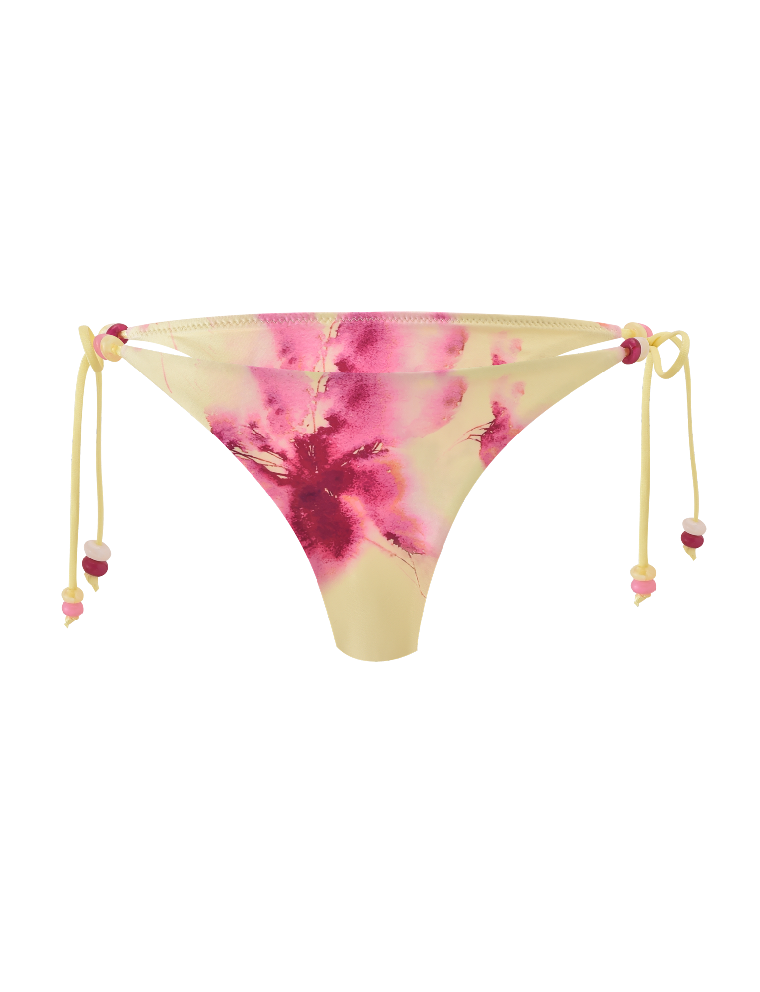 The FINLEA BIKINI BOTTOM - WATERCOLOUR FLORAL by TIGERMIST features a yellow base with pink and red tie-dye florals, cheeky side ties, and small beaded accents.
