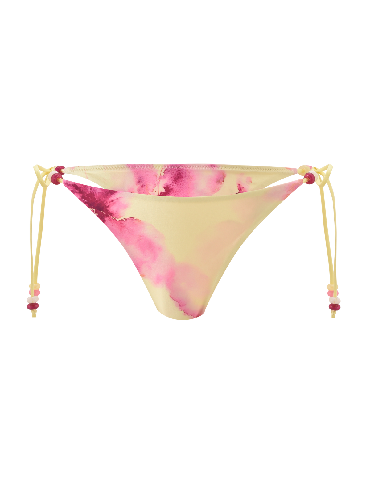 The TIGERMIST FINLEA BIKINI BOTTOM - WATERCOLOUR FLORAL is shown on a white background, featuring an adjustable yellow beaded side tie and a pink tie-dye floral pattern with pink and red beads.